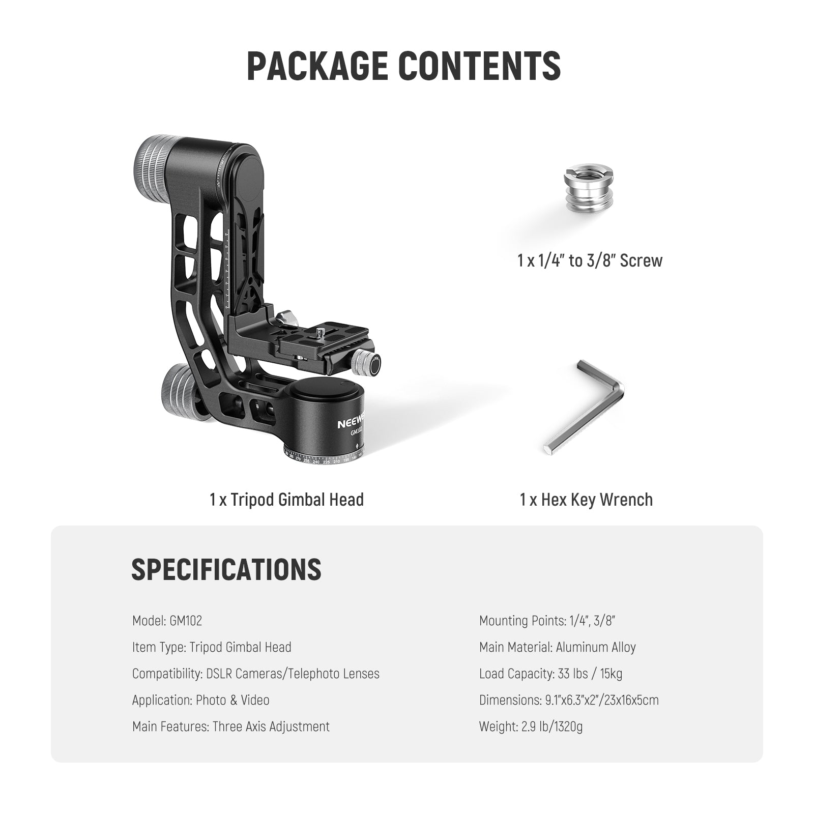 NEEWER GM102 Professional Tripod Gimbal Head for DSLR & Mirrorless Cameras - Smooth Panning & Tilting for Photography & Videography - Perfect for Wildlife, Sports, and Travel Shots