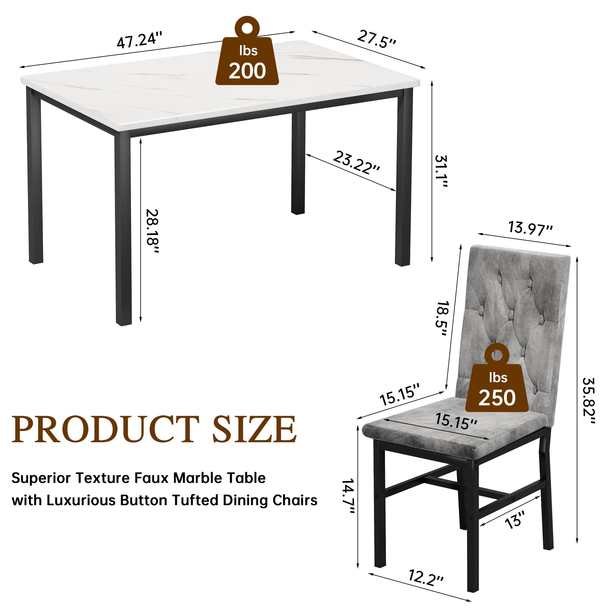 Hooseng 4-Piece Dining Table Set with Faux Marble Top & Button Tufted Chairs - Small Kitchen Table & Chair Set for 4 - Perfect for Breakfast Nooks, Small Apartments & Cozy Dining Spaces