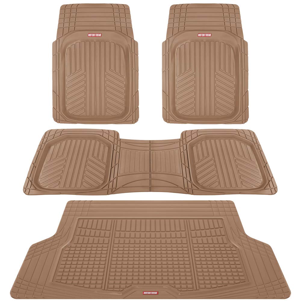 Motor Trend FlexTough Beige All-Weather Floor Mats & Cargo Liner Set - Heavy Duty Rubber Car Mats for SUV, Van, Sedan - Front & Rear Seat Protection + Trunk Mat - Perfect for Daily Commute, Road Trips & Family Travel