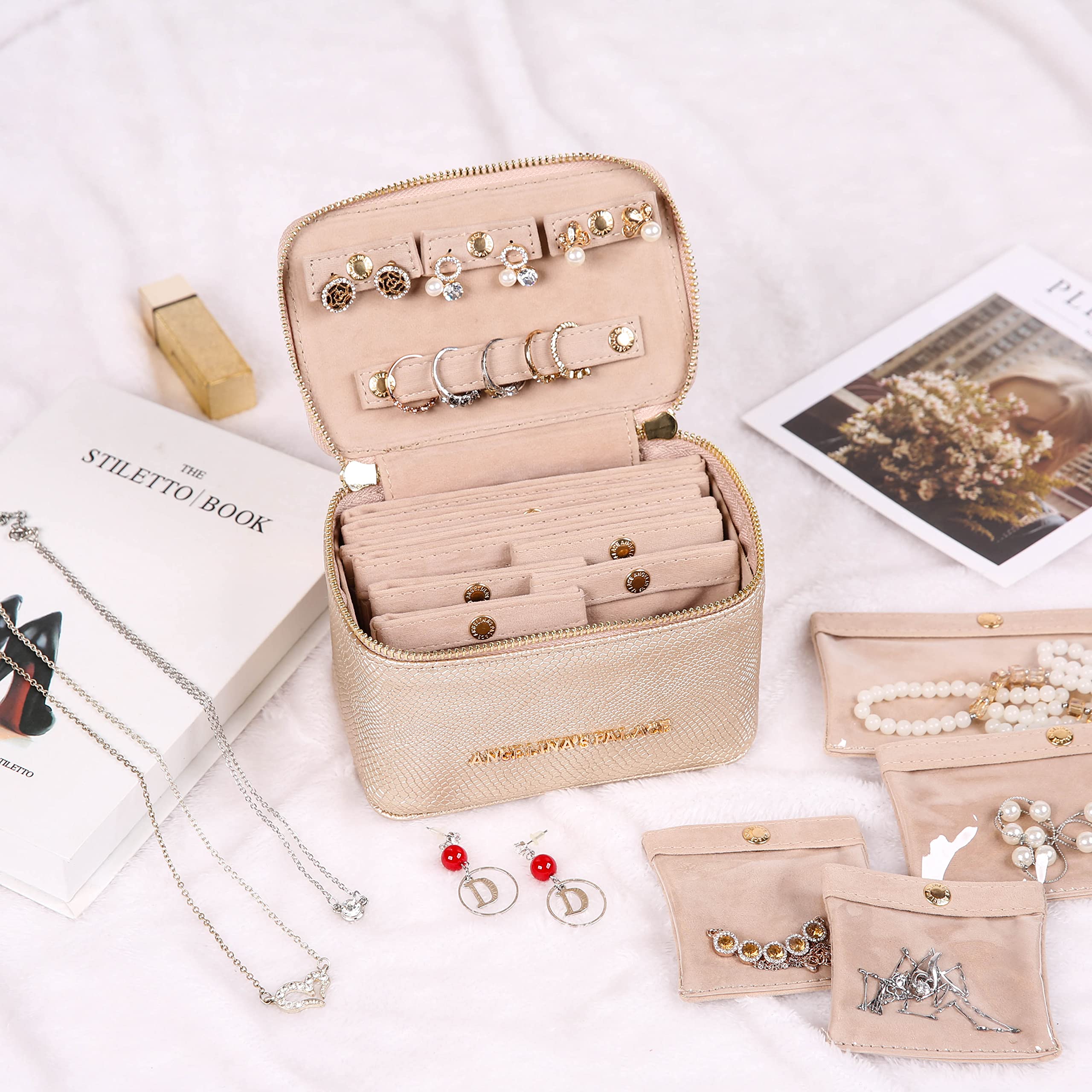 Angelina's Palace Snakeskin Pattern Jewelry Organizer Case - Vegan Leather Travel Jewelry Box for Necklaces, Earrings, Bracelets & Rings - Perfect Bridesmaid Gift & Wedding Accessory (Champagne)