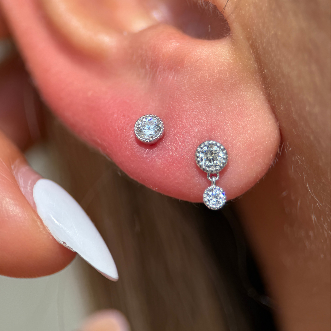 14K Solid Yellow Gold Double Diamond Drop Flat Back Stud Earrings for Women - Perfect for Everyday Wear, Parties & Special Occasions