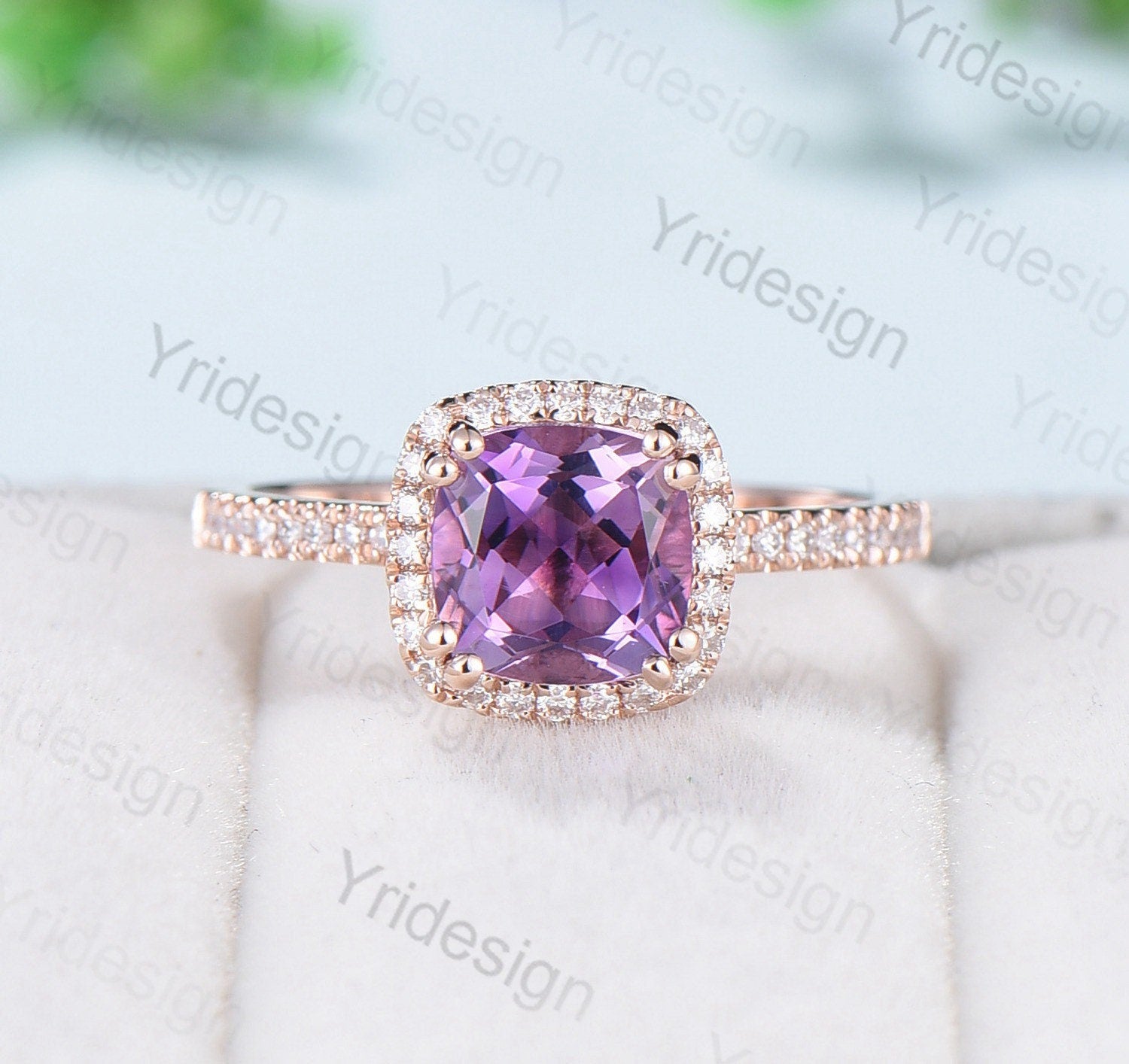 Vintage Cushion Cut Amethyst Wedding Ring Set in 14K Rose Gold - Art Deco Halo Diamond Bridal Set for Women | Engagement, Anniversary & Special Occasion Jewelry Gift