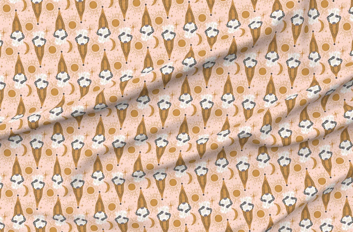 Boho Gnomes Pink White Star Kitsch Sun Printed Denim Fabric by The Yard - Spoonflower Cotton Fabric for Apparel, Home Decor & Upholstery - Perfect for DIY Crafts, Quilting, and Bohemian Style Clothing