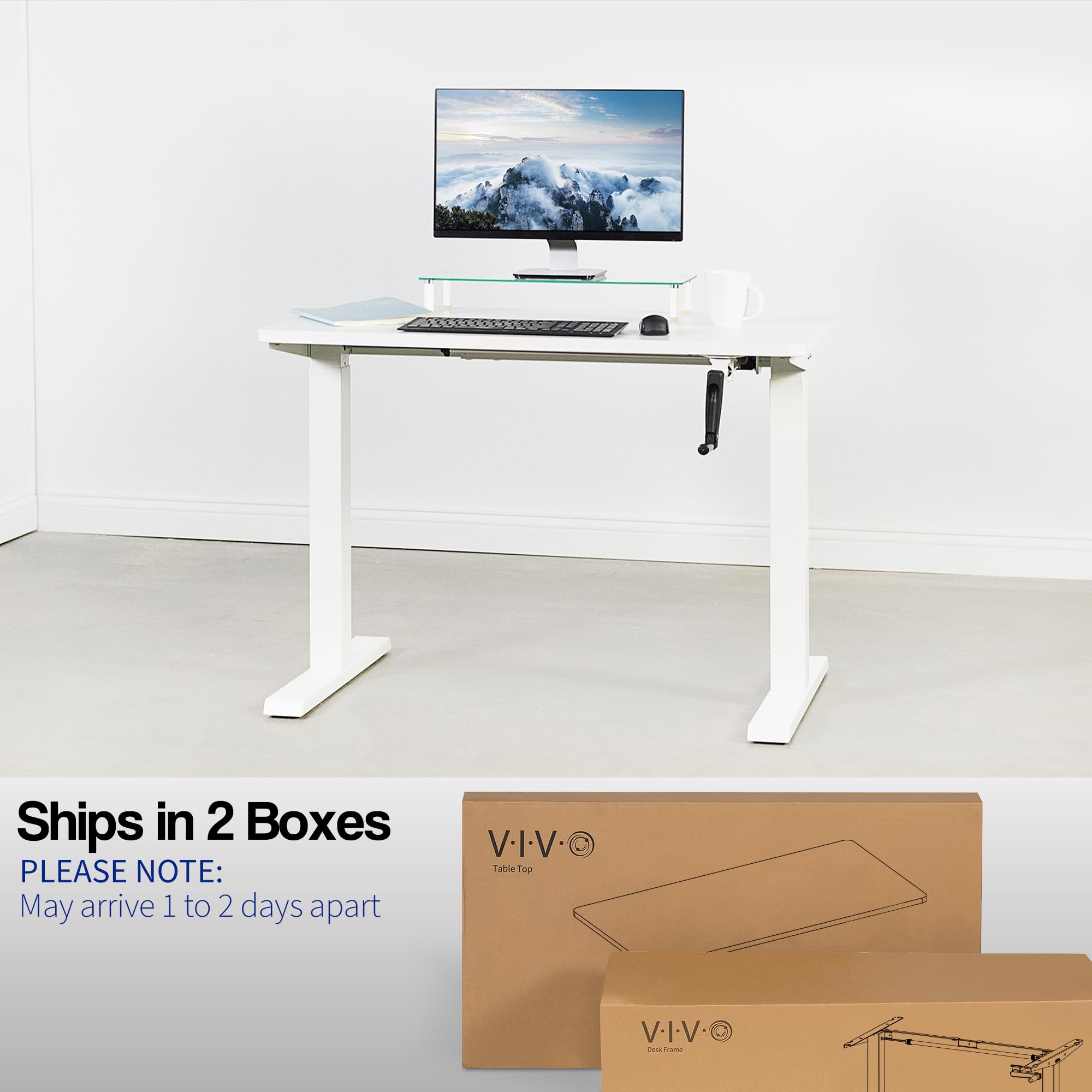 VIVO 43 x 24 Inch Adjustable Height Standing Desk - White Solid One-Piece Tabletop & Frame, Manual Crank with Foldable Handle - Perfect for Home Office, Study Room & Small Workspaces