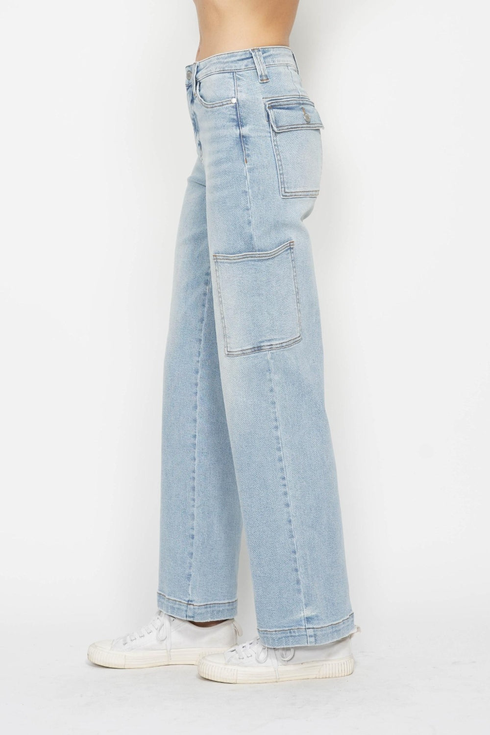 Judy Blue Women's High Waist Straight Leg Cargo Jeans - Comfortable Stretch Denim Pants for Casual Wear & Outdoor Activities