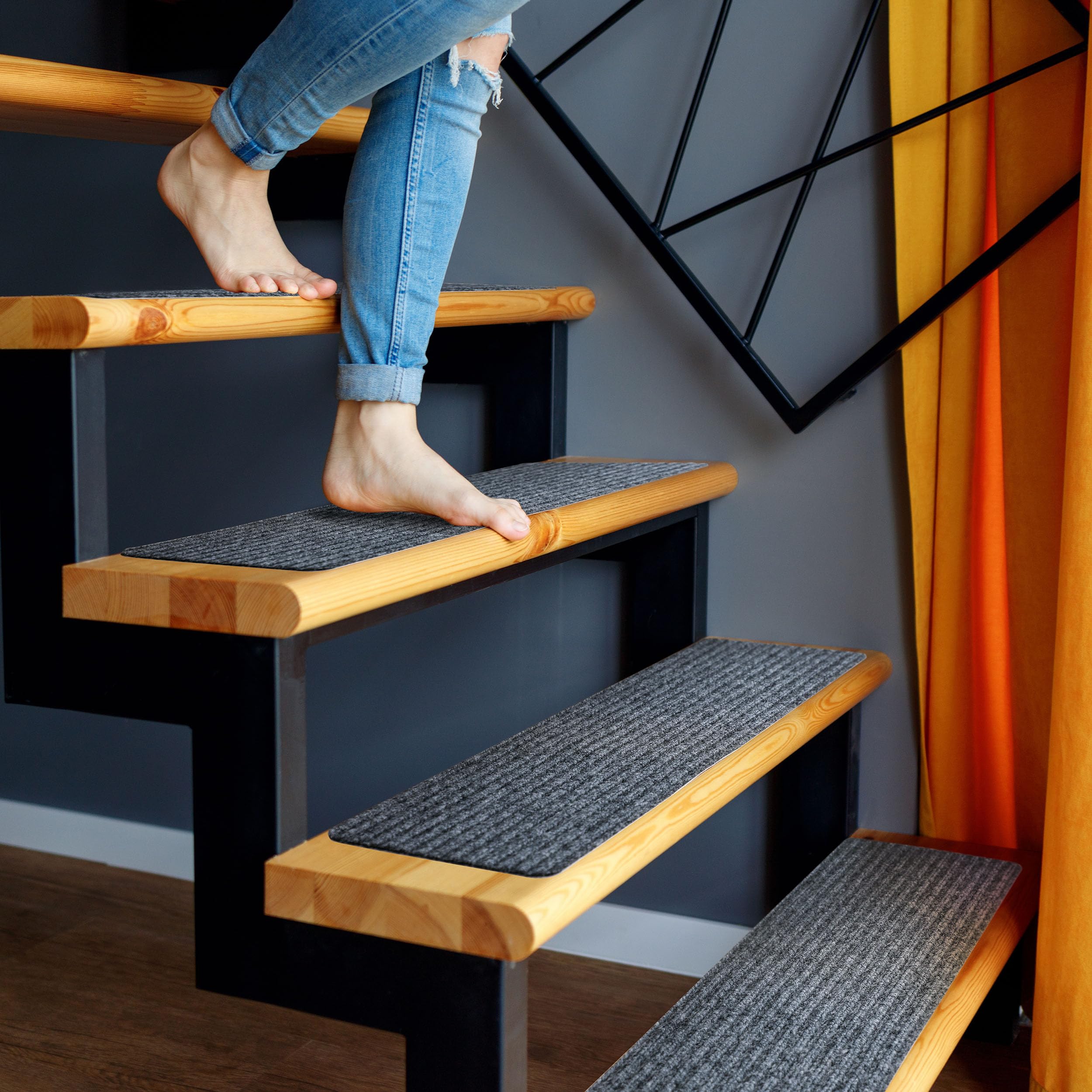 Non-Slip Stair Treads Grey 30x8 Inch (15-Pack) - Easy Install Carpet Stair Runner for Wooden Steps | 4mm Thick Washable Indoor Stair Mats | Anti-Skid Safety Grip with Bonus Rollers - Perfect for Homes, Offices & High-Traffic Areas