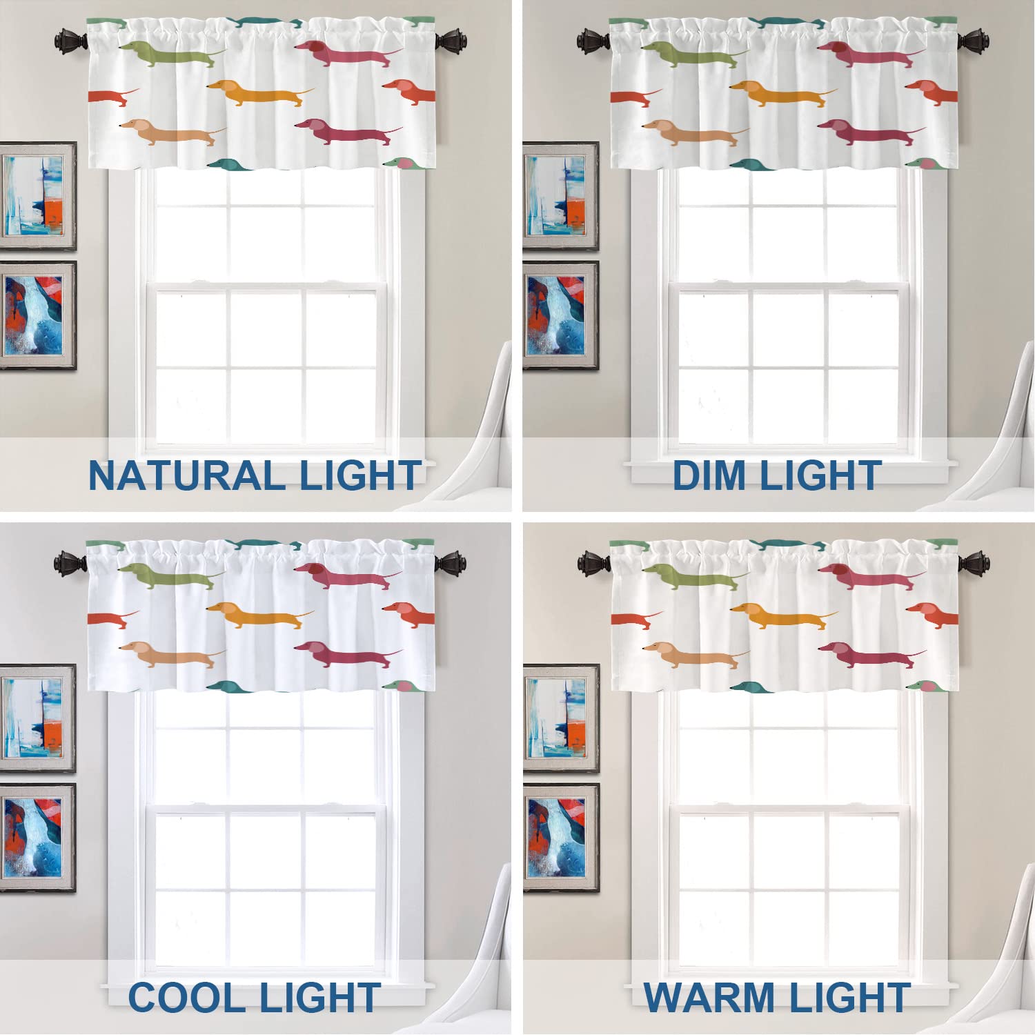 Cute Dachshund Valance Curtains - Dog Puppy Animal Print Blackout Window Treatment for Kitchen, Living Room & Bathroom - 2 Pack 52x18 Inch Polyester Textile Hunter Style - Perfect for Pet Lovers' Home Decor
