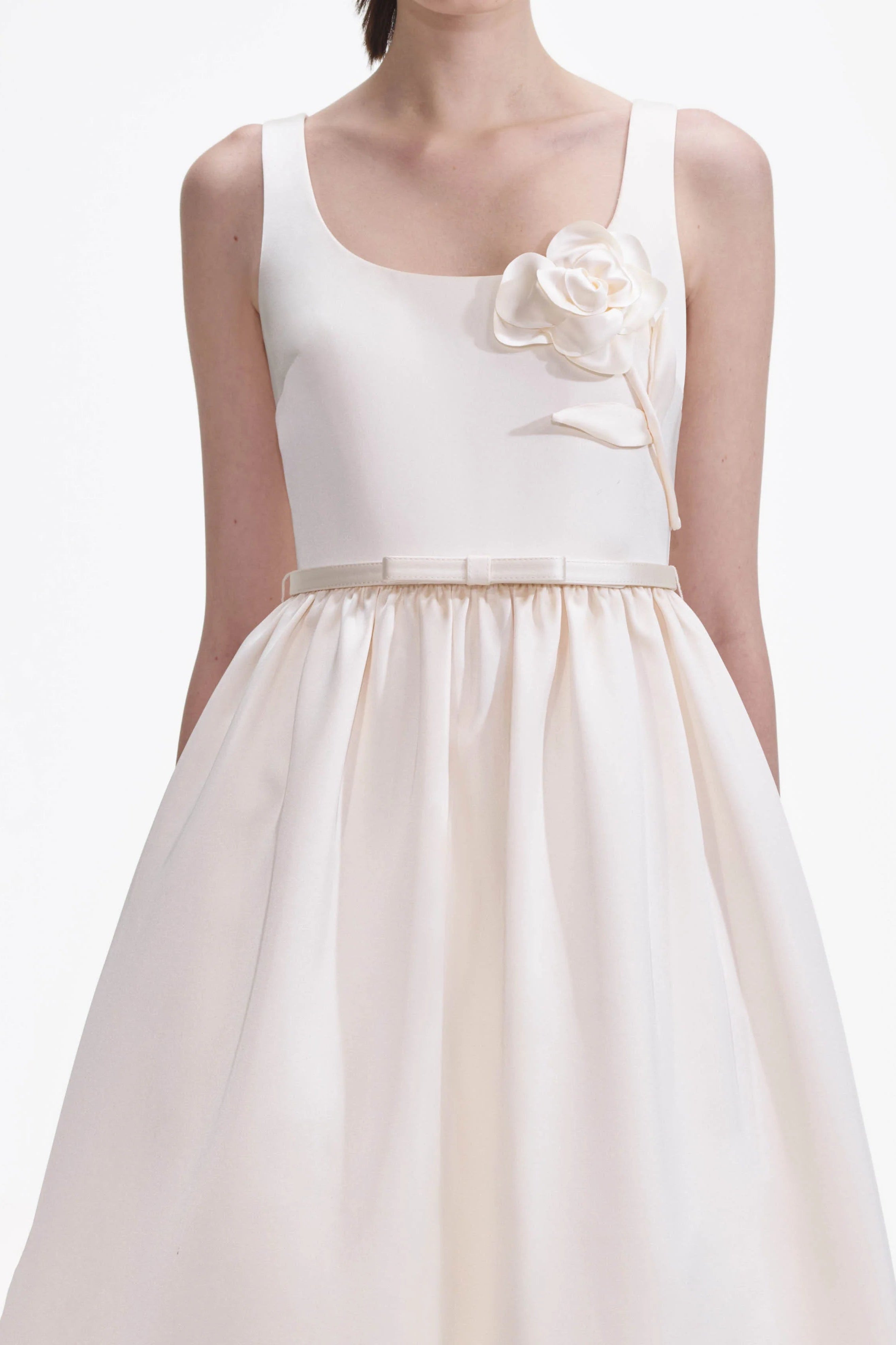 Elegant Cream Satin Floral Midi Dress for Women - Perfect for Weddings, Parties & Special Occasions