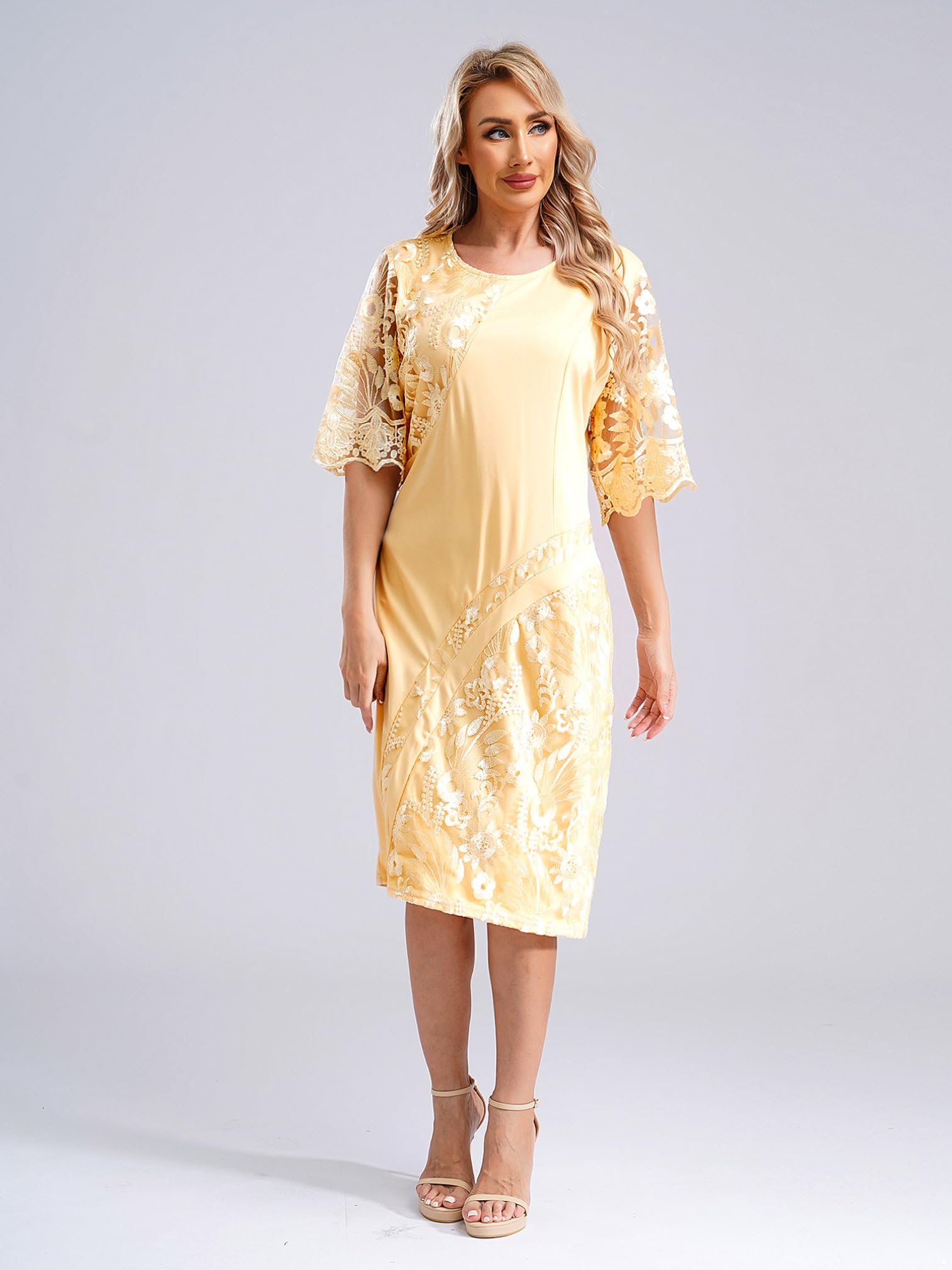Elegant Plus Size Women's Formal Cocktail Dress with Lace Embroidered Short Sleeves - Perfect for Wedding Guest, Party & Special Occasions