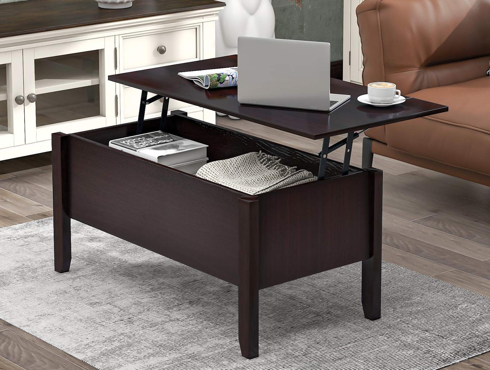 Modern Lift-Top Coffee Table with Storage - Side Table, Console Table & Sofa Table for Living Room, Bedroom or Office - Cherry Wood Finish, Drawer Cabinet & Versatile Home Decor