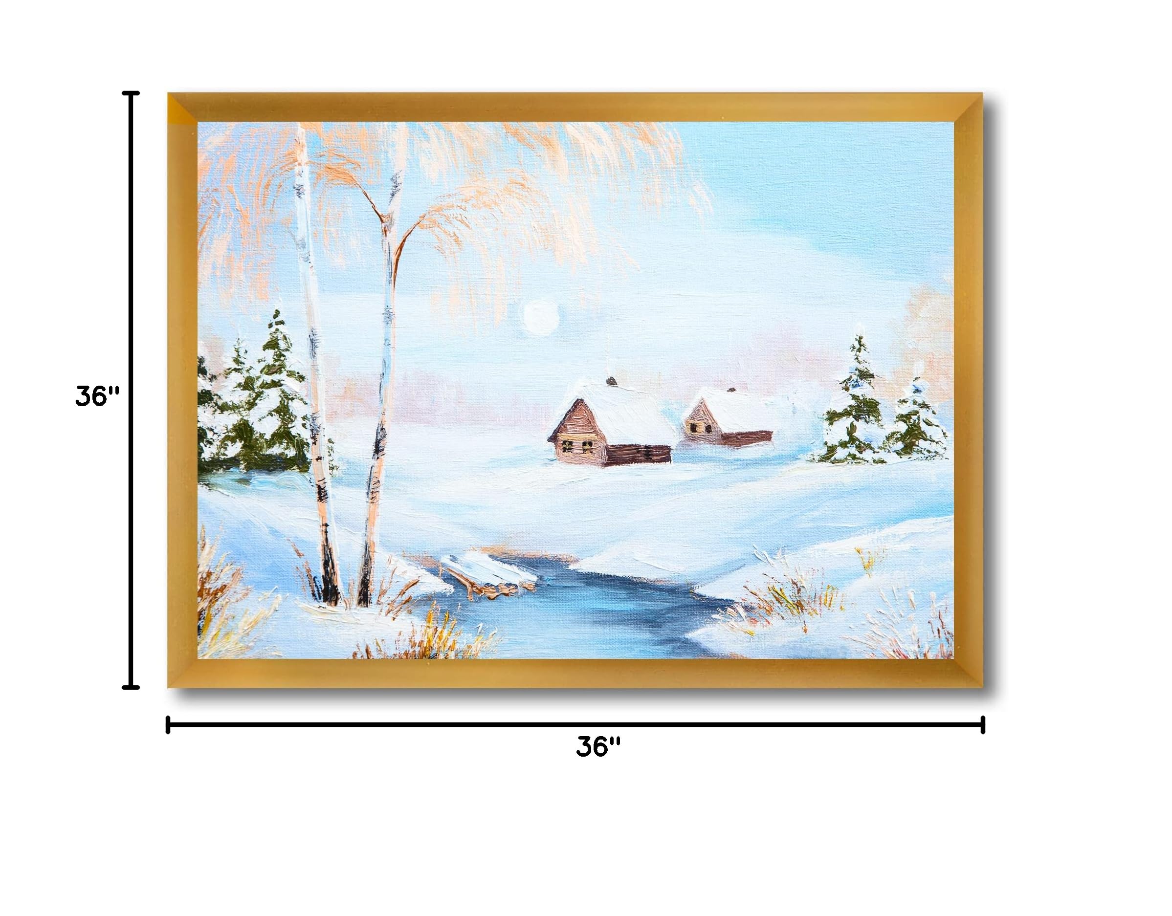 DesignQ Winter Landscape Framed Wall Art - Frozen River in Forest with Lake House - Perfect for Living Room, Bedroom & Office Decor