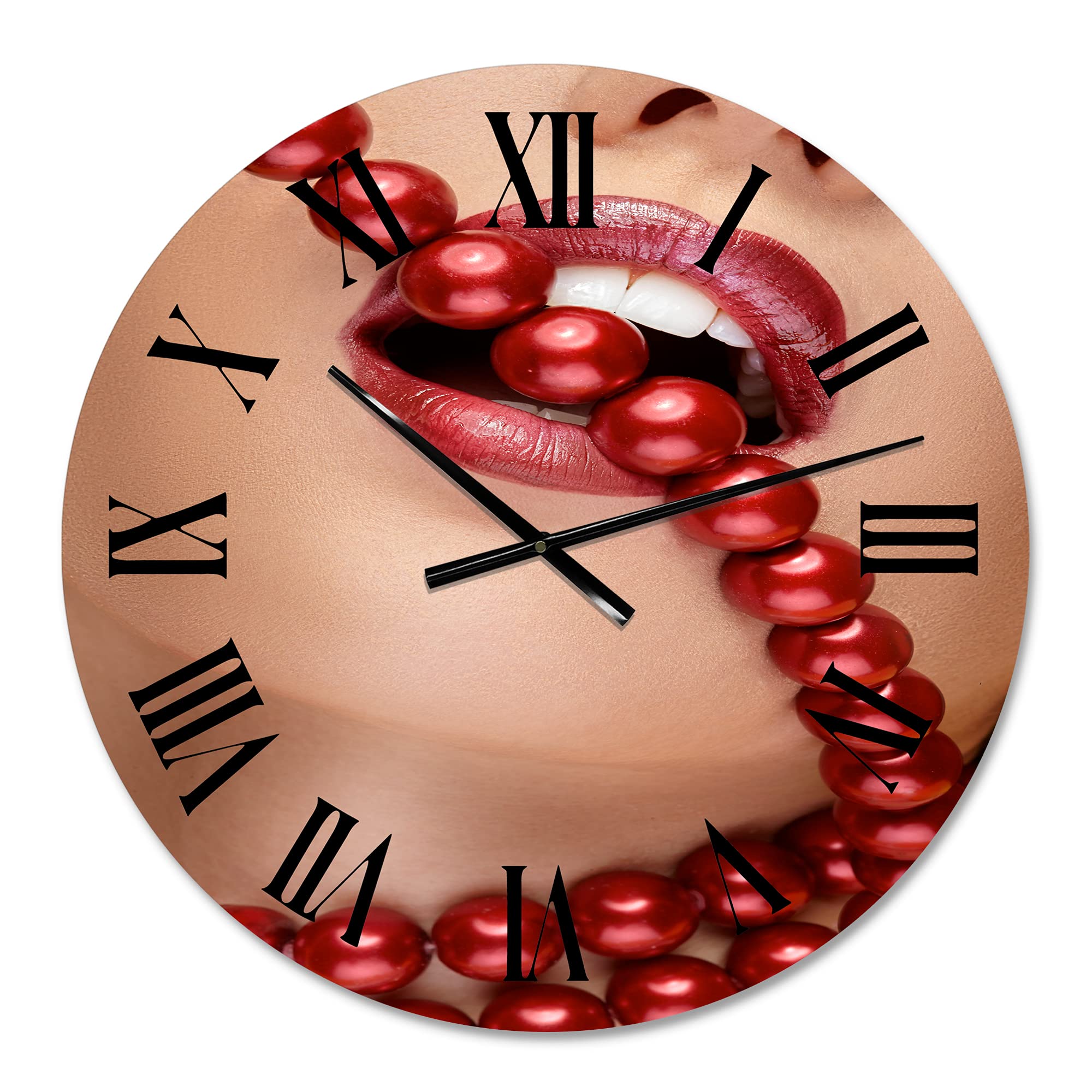 DesignQ Modern Wall Clock - Woman Mouth with Red Lipstick Biting Pearls, Large Decorative Clock for Living Room, Bedroom & Office - Unique Home Decor & Gift Idea