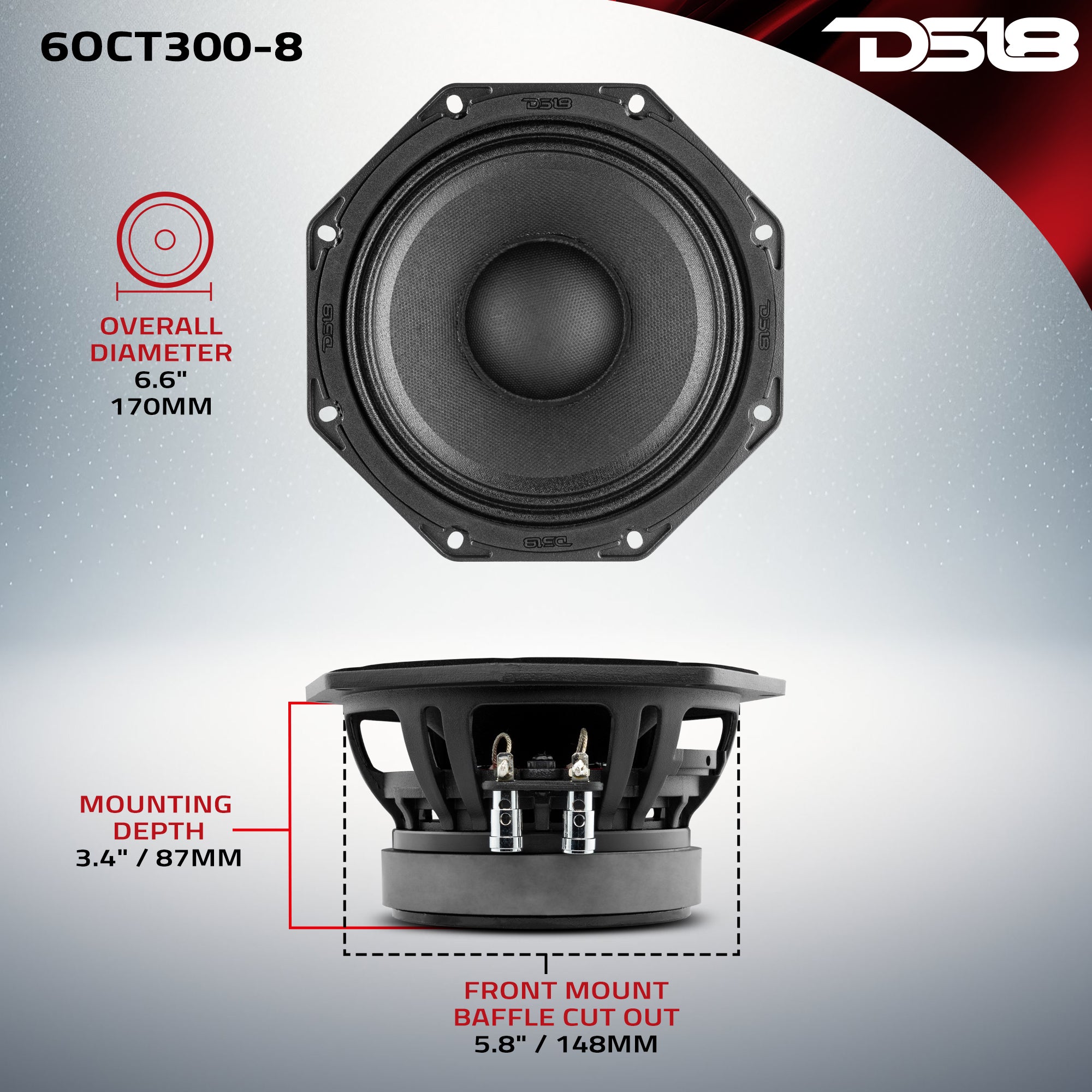 Octagonal 6.5 Inch Mid Range Loudspeaker 300 Watts RMS 8 Ohm - Perfect for Home Theater Systems, Car Audio, and Live Music Performances