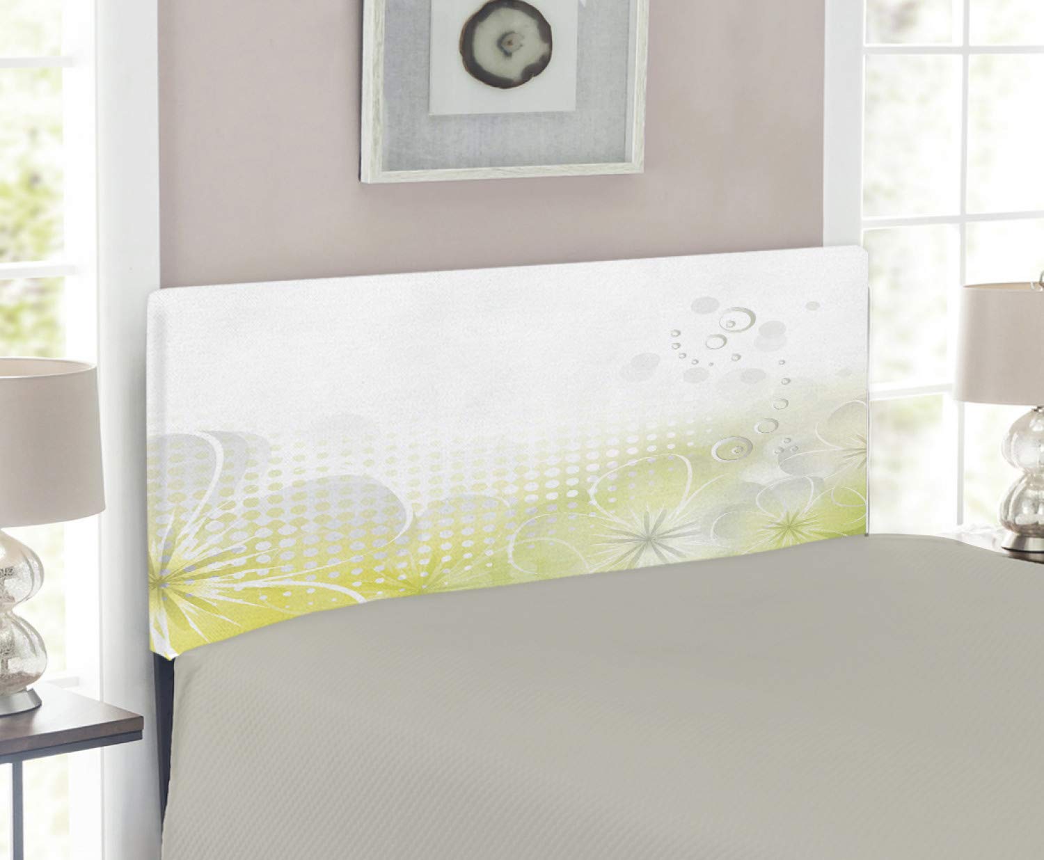 Ambesonne Grey and Yellow Upholstered Headboard - Abstract Grunge Design with Water Bubbles & Flowers - Memory Foam Decorative Metal Bed Headboard for Twin Size Beds - Pale Yellow & Grey - Perfect for Modern Bedrooms, Guest Rooms & Dorm Decor