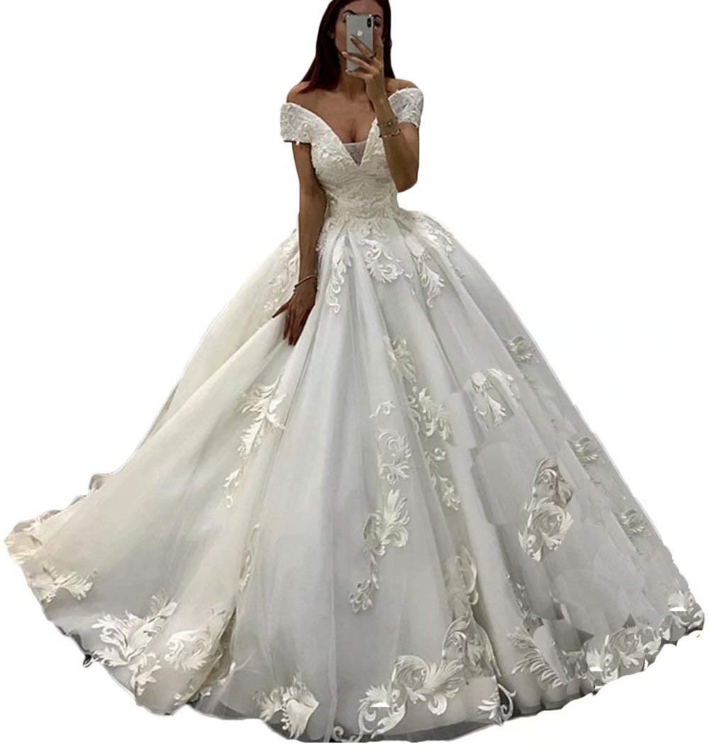 Luxury Princess Off-The-Shoulder Lace Wedding Dress for Bride - Elegant Applique Bridal Gown for Church Ceremony & Beach Weddings