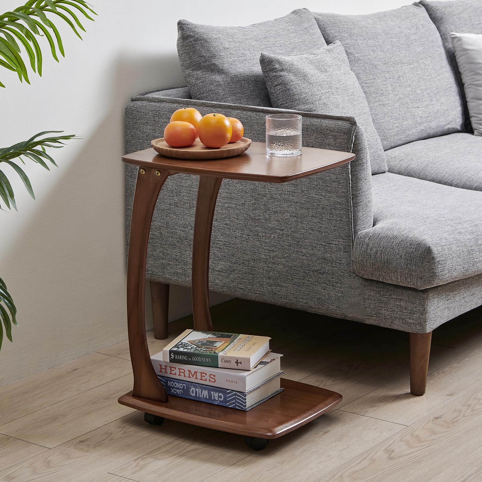 Modern C-Shaped Side Table with Wheels - Adjustable TV Tray, Sliding Couch Table for Living Room & Bedroom - Walnut Finish - Perfect for Snacking, Reading & Remote Work by Your Sofa