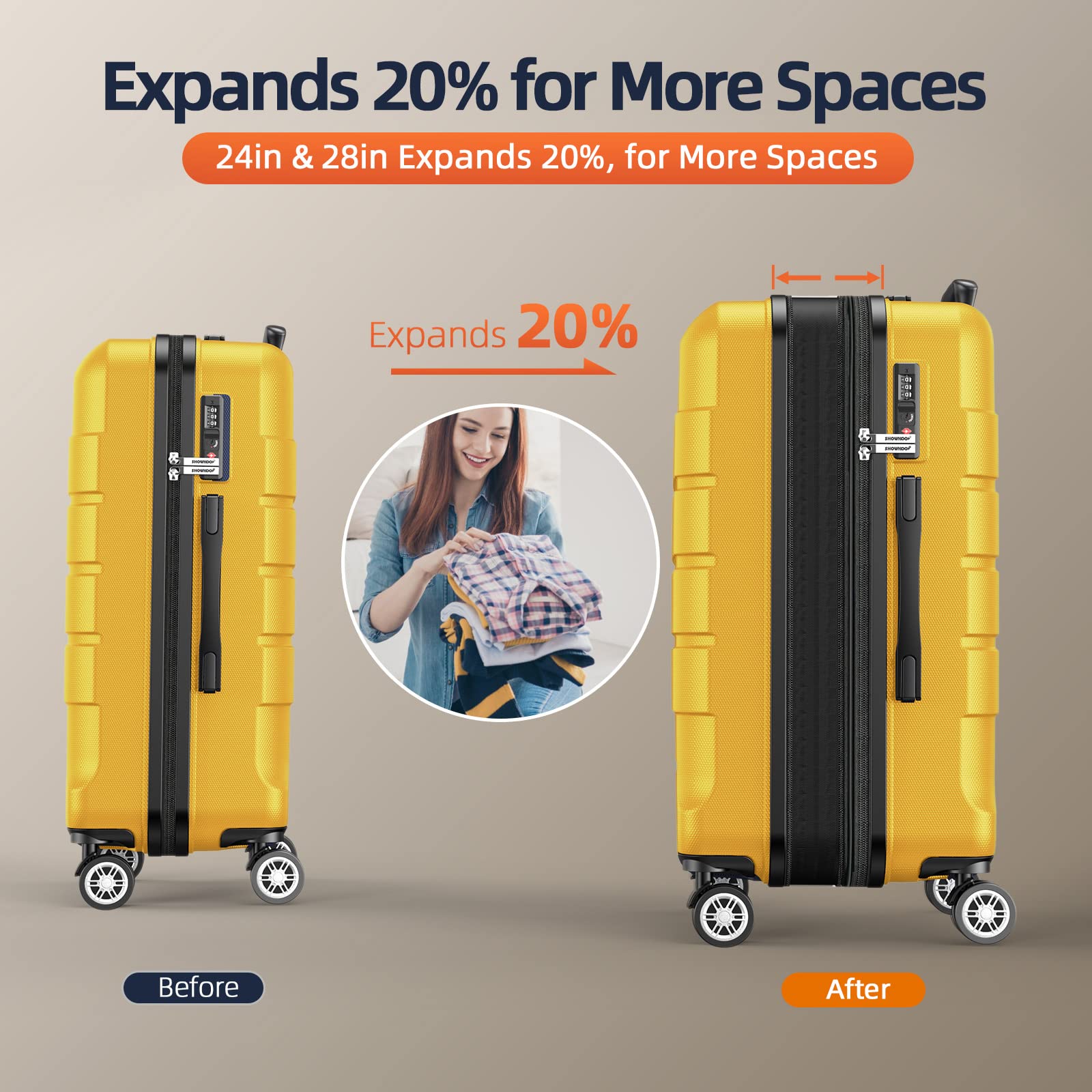 SHOWKOO Expandable 3-Piece Luggage Set - Durable PC+ABS Suitcase with Double Spinner Wheels & TSA Lock (Yellow) - Perfect for International Travel, Family Vacations & Business Trips