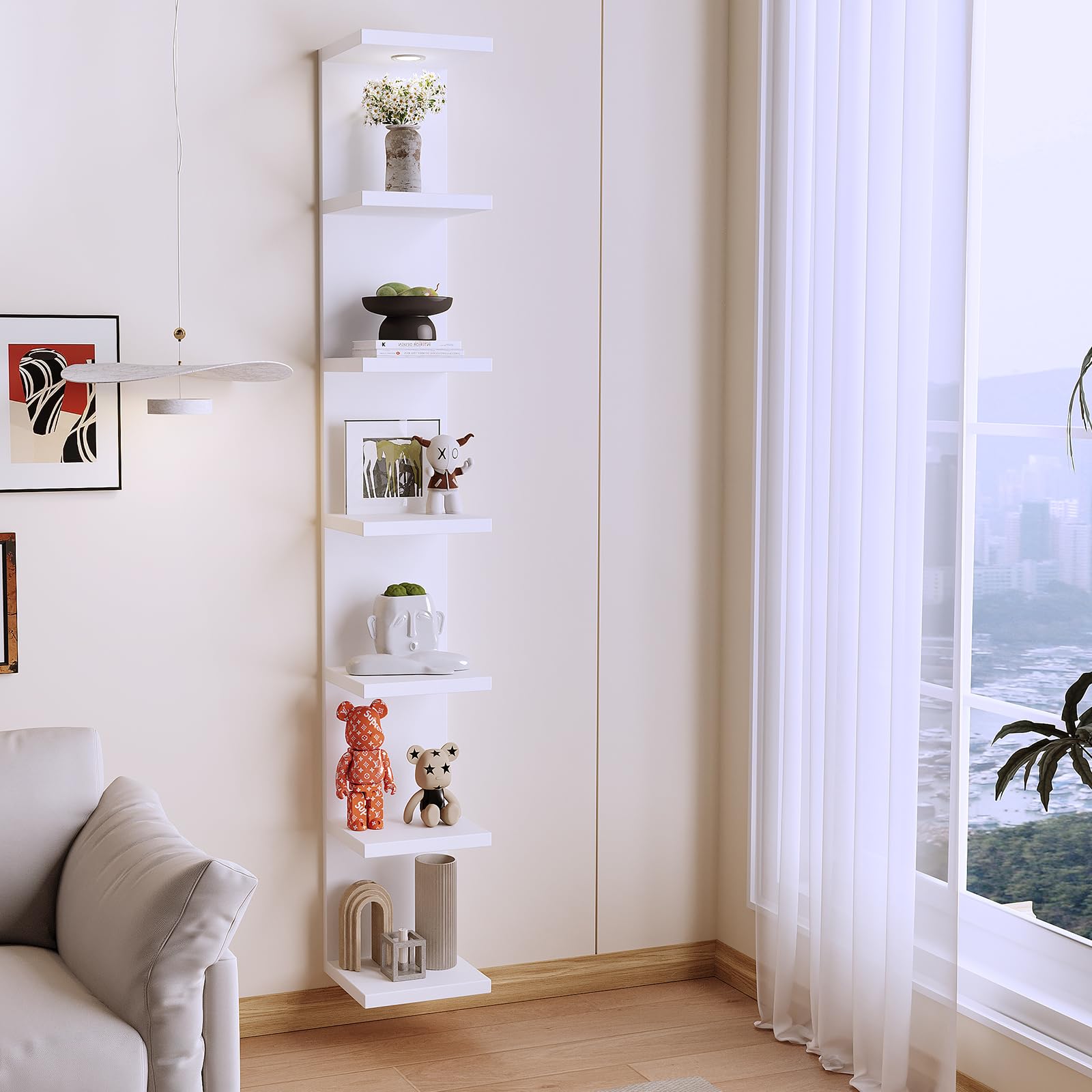 White 7-Tier Floating Wall Shelf with LED Remote Control Lights - Versatile Display Storage for Living Room, Bedroom, Office & Home Decor