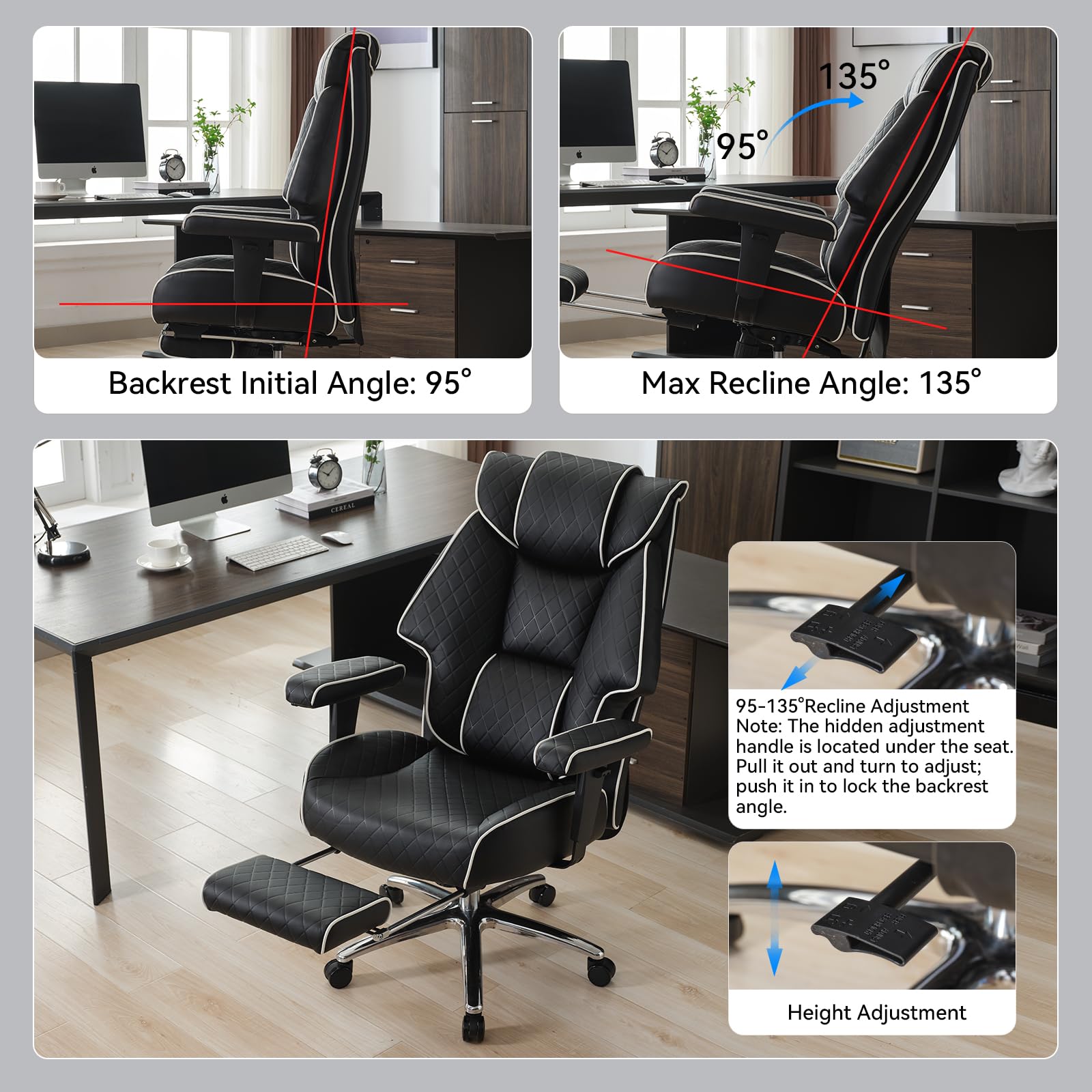 Big and Tall Office Chair with Footrest - 400lbs Capacity PU Leather High Back Executive Chair, Ergonomic Computer Desk Chair with Lumbar Support for Heavy People (Black) - Perfect for Home Office, Gaming, and Long Work Sessions