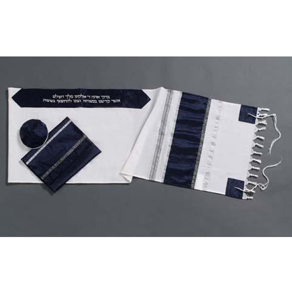 Blue, Silver & White Wool Tallit for Men - Modern Prayer Shawl with Tzitzit for Bar Mitzvah & Jewish Religious Ceremonies | Synagogue Worship & Daily Prayer Use