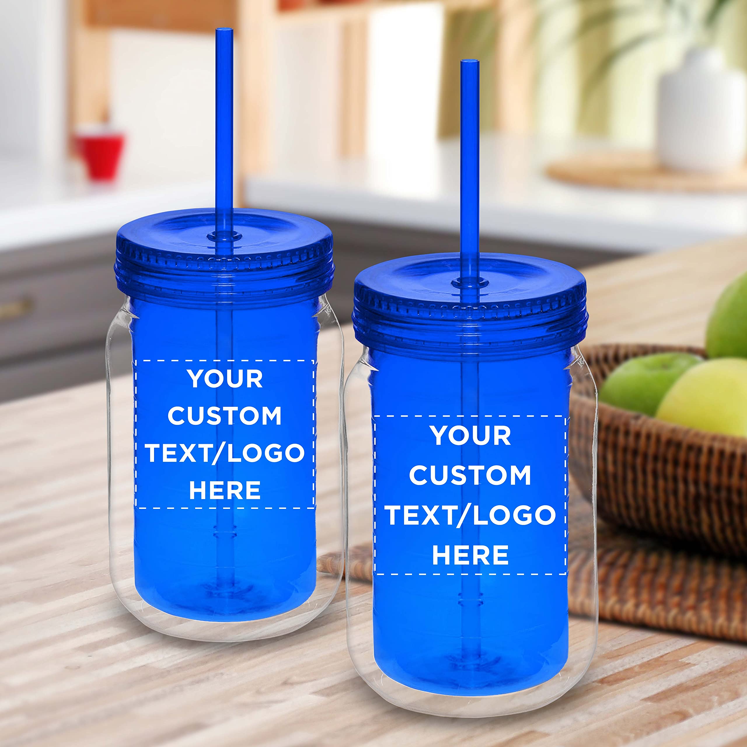 Custom 18 oz Acrylic Tumblers with Straw - Bulk Pack of 50 Personalized Drink Cups - Great for Smoothies, Iced Coffee, Soda & Beverages - Reusable Party Cups for Restaurants, Cafes, Events & Home Use - Blue