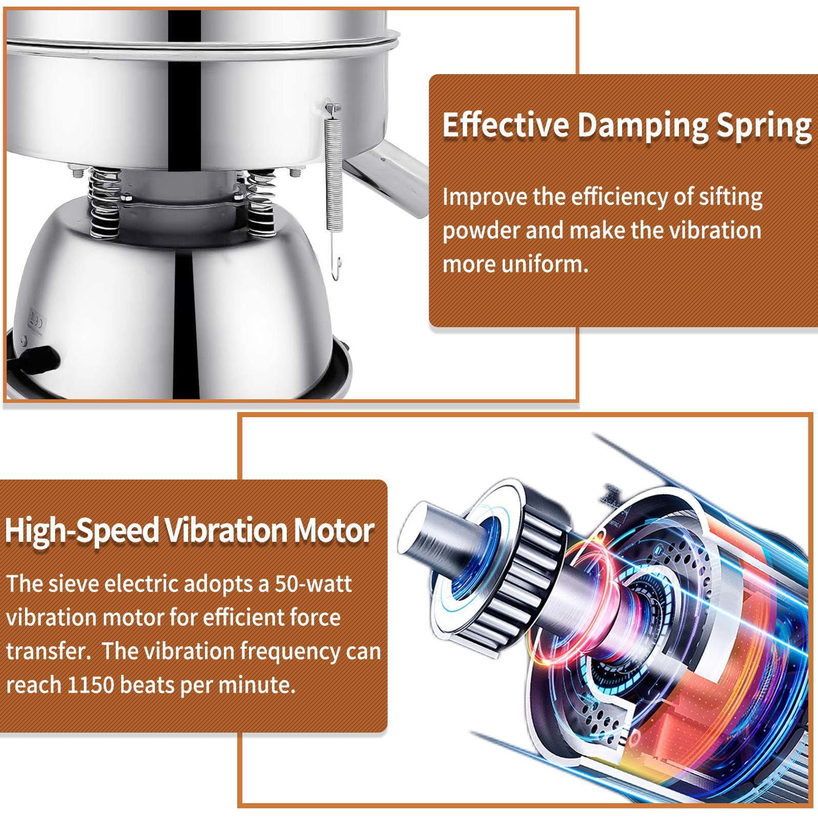 Stainless Steel Automatic Powder Sifter Machine - 10 Mesh & 60 Mesh Vibrating Sieve Shaker with 2 Screens for Flour & Baking Powders | 110V Electric Sifter for Commercial Kitchens & Bakeries