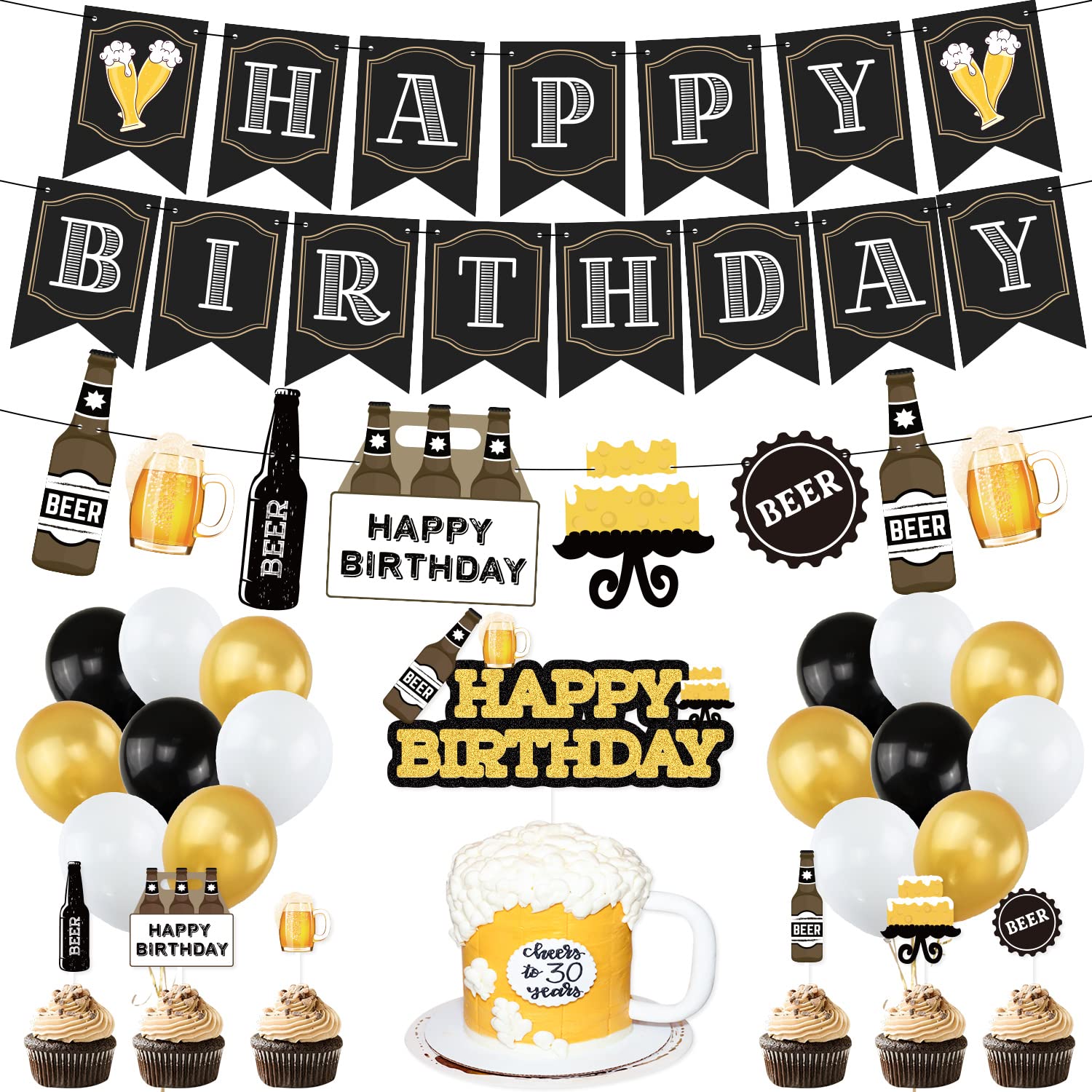 Cheers & Beers Happy Birthday Party Decorations Set - Aged to Perfection Banner, Balloons & Supplies for Men's 30th 40th 50th Birthday - Perfect for Beer Themed Parties, Bachelor Celebrations & Man Cave Decor