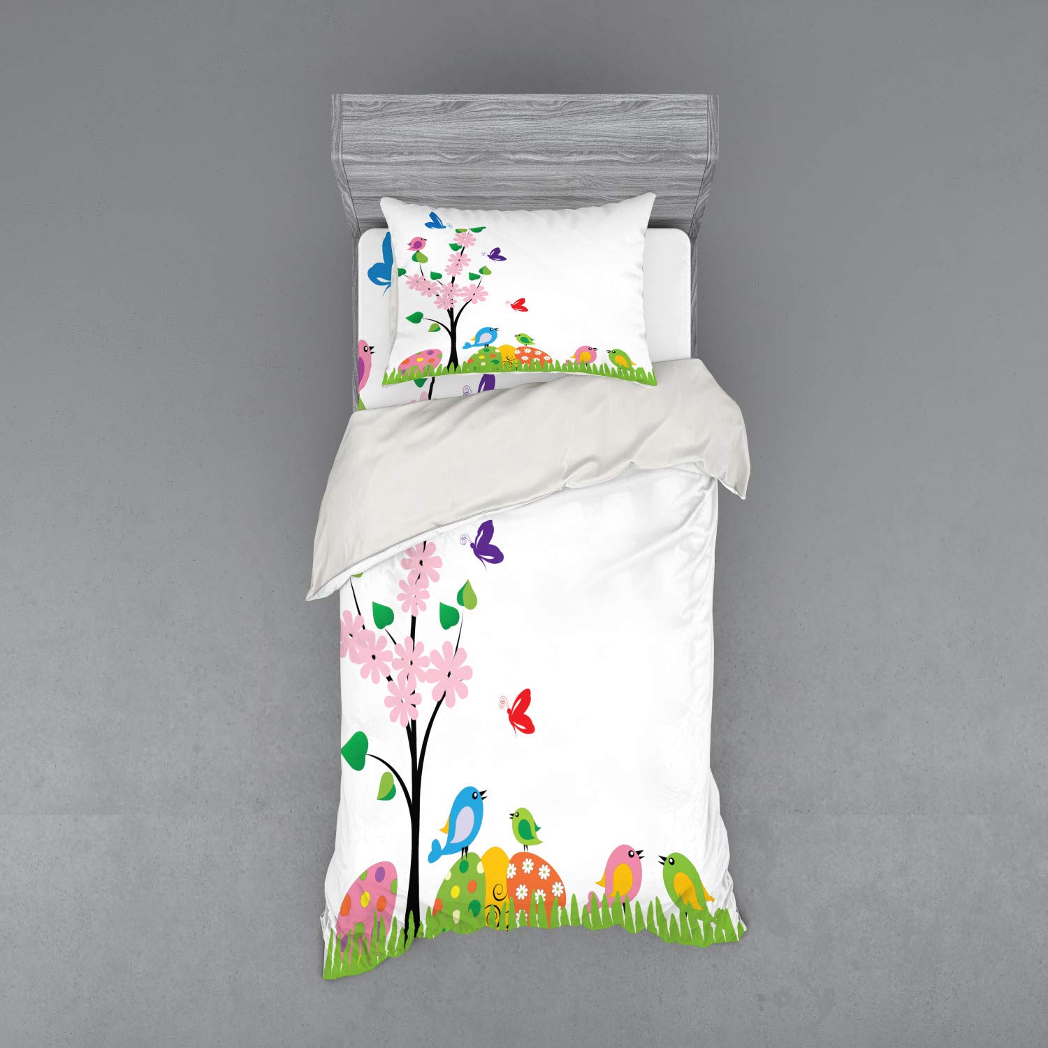 Ambesonne Easter Duvet Cover Set - Abstract Floral Tree Leaves & Animal Print 3-Piece Bedding (Twin Size, Multicolor) | Spring Home Decor for Bedroom Refresh