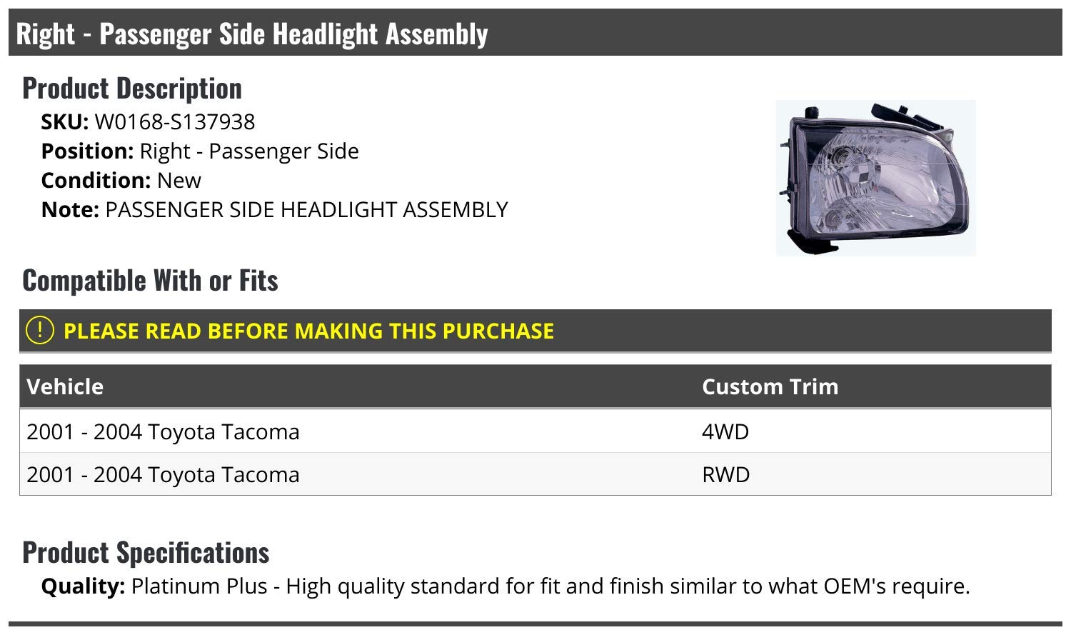 Right Passenger Side Headlight Assembly for 2001-2004 Toyota Tacoma - Replacement Headlamp with OEM Fit - Perfect for Night Driving & Off-Road Adventures