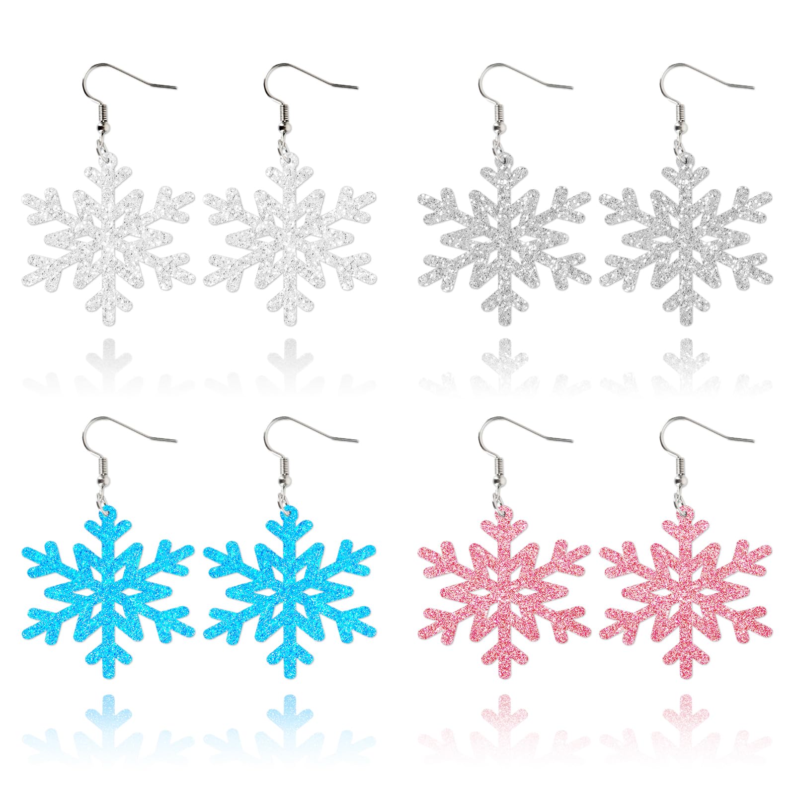 Whaline 4 Pairs Winter Snowflake Acrylic Earrings - Christmas Clear Silver Blue Pink Glitter Dangle Drop Earrings for Women - Holiday Party Jewelry Gift Accessories - Perfect for Christmas, New Year & Winter Celebrations