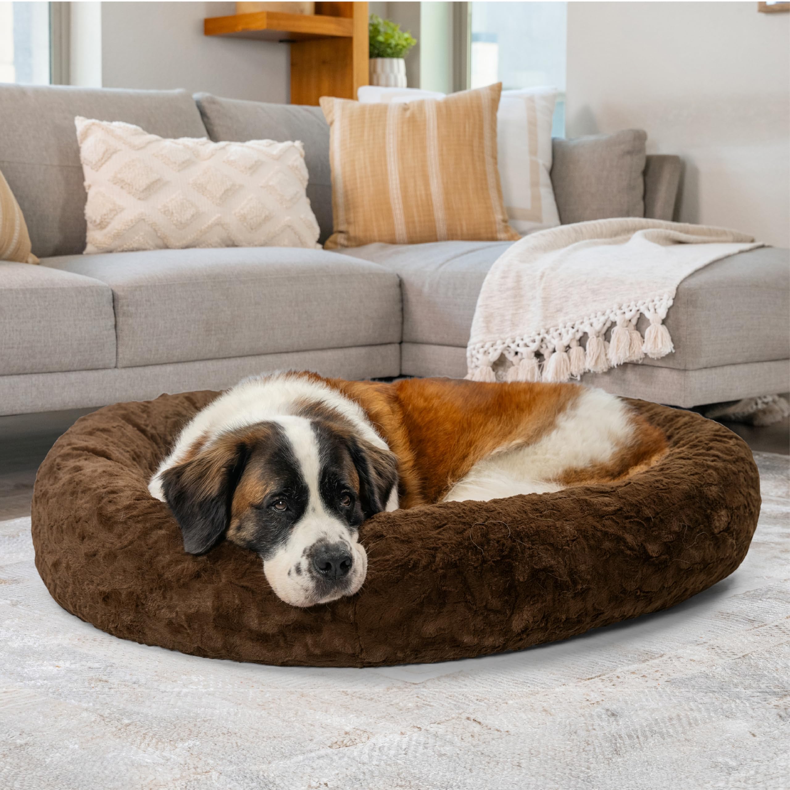 Best Friends by Sheri Calming Lux Donut Cuddler Cat & Dog Bed with Pet Throw Blanket - Dark Chocolate Extra Large 45