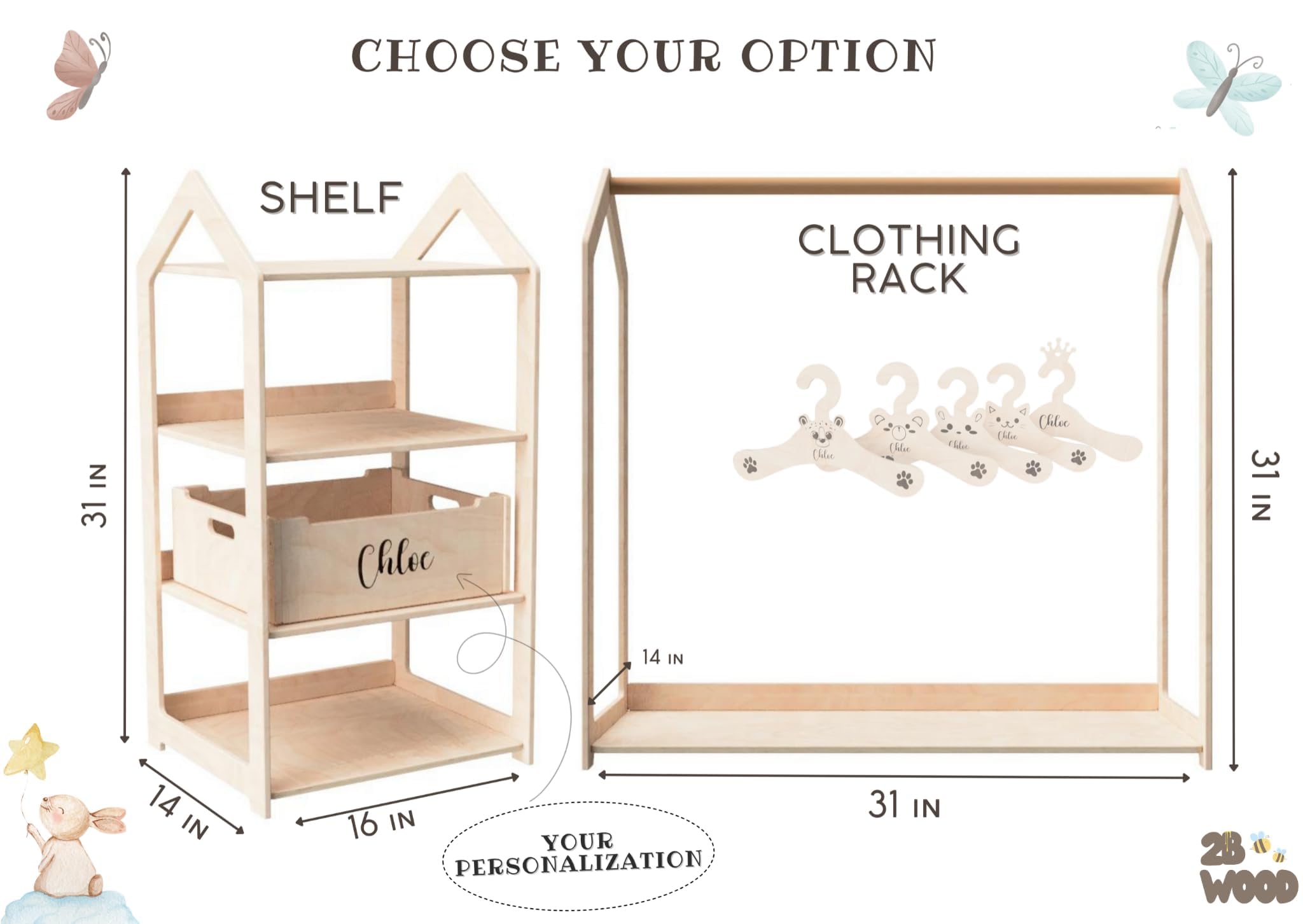 Personalized Kids Clothes Rack - Adjustable Toddler Wardrobe Organizer for Boys & Girls | Montessori Closet Shelf for Baby Clothes Storage | Perfect for Bedroom, Nursery & Playroom Organization