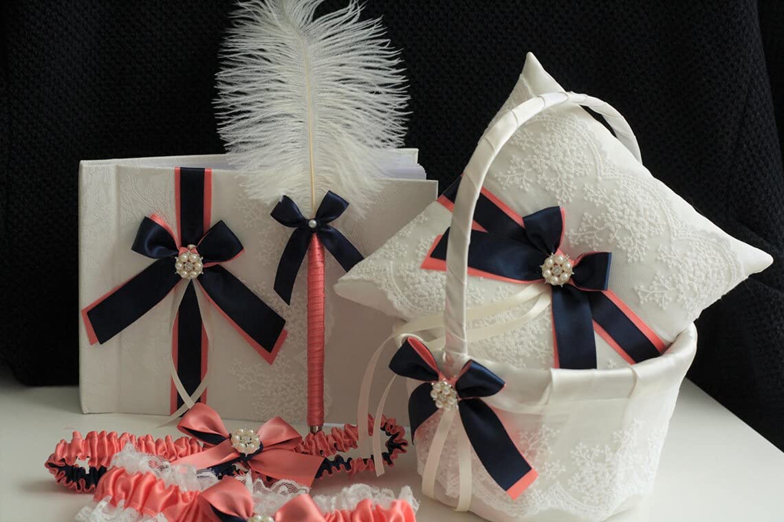 Elegant Coral & Navy Wedding Ring Bearer Pillow Set with Flower Girl Baskets - White (1 Pillow + 2 Baskets) - Perfect for Beach Weddings, Rustic Ceremonies & Boho Nautical Themes