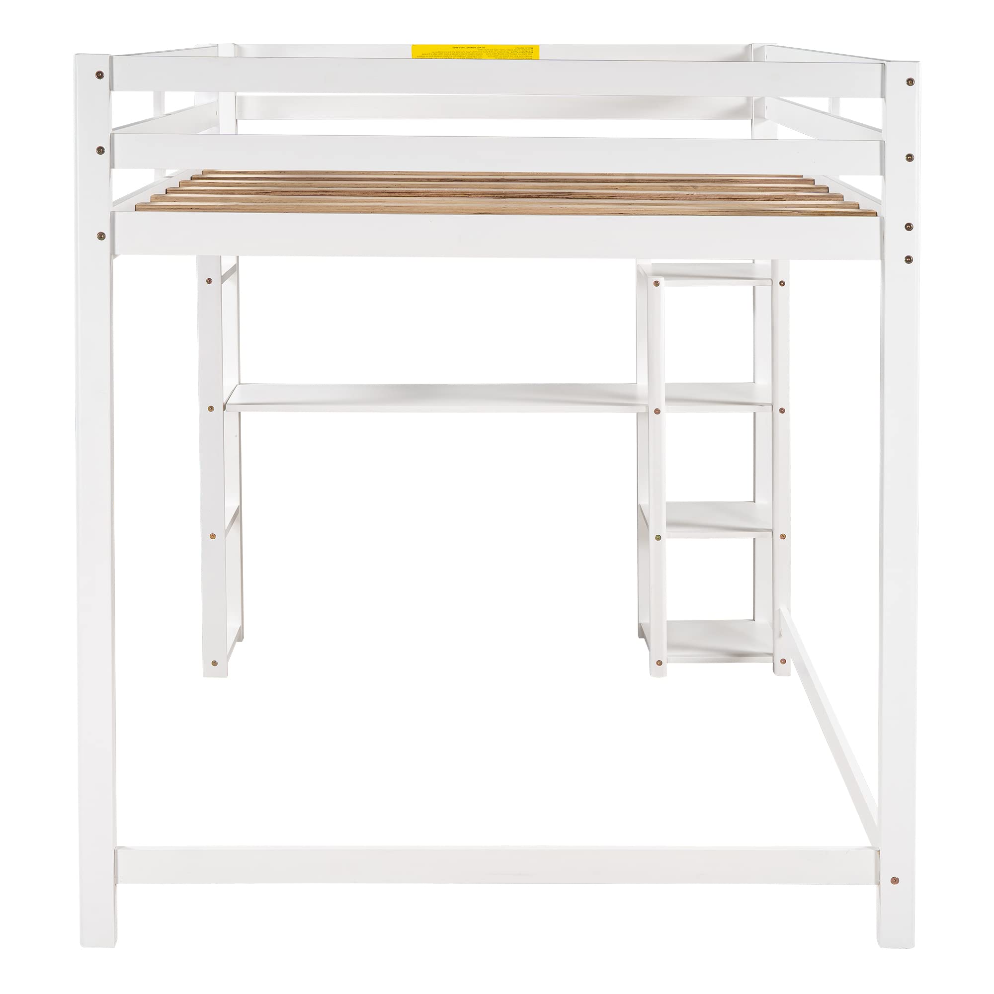 SOFTSEA Full Size Loft Bed with Storage Shelves & Under Bed Desk - Solid Wood Space Saving Bed Frame for Kids, Teens & Juniors - Perfect for Small Bedrooms, Dorms & Studio Apartments (White)