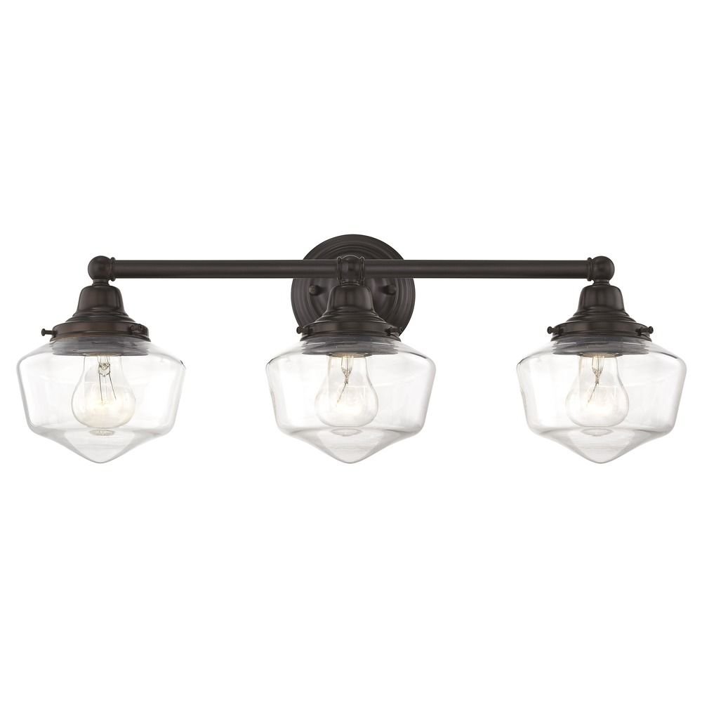 Vintage Clear Glass Schoolhouse Bathroom Light Fixture - Bronze Finish, 3-Light, 23.125 Inch Length - Perfect for Farmhouse, Cottage & Traditional Bathroom Decor