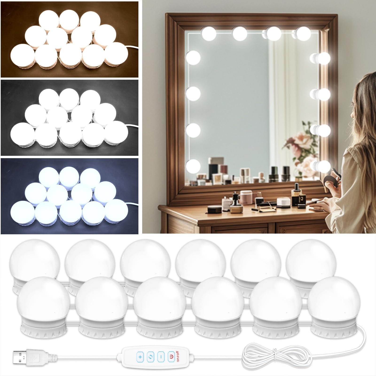 12-Pack LED Vanity Mirror Lights with Dimmable Bulbs - 3000K/4500K/6500K Color Temperature & 10 Brightness Levels - USB Plug-in Hollywood Style Makeup Mirror Lighting for Bathroom, Dressing Room, Vanity Desk (Perfect for Makeup Application, Skincare Routine & Selfie Lighting)