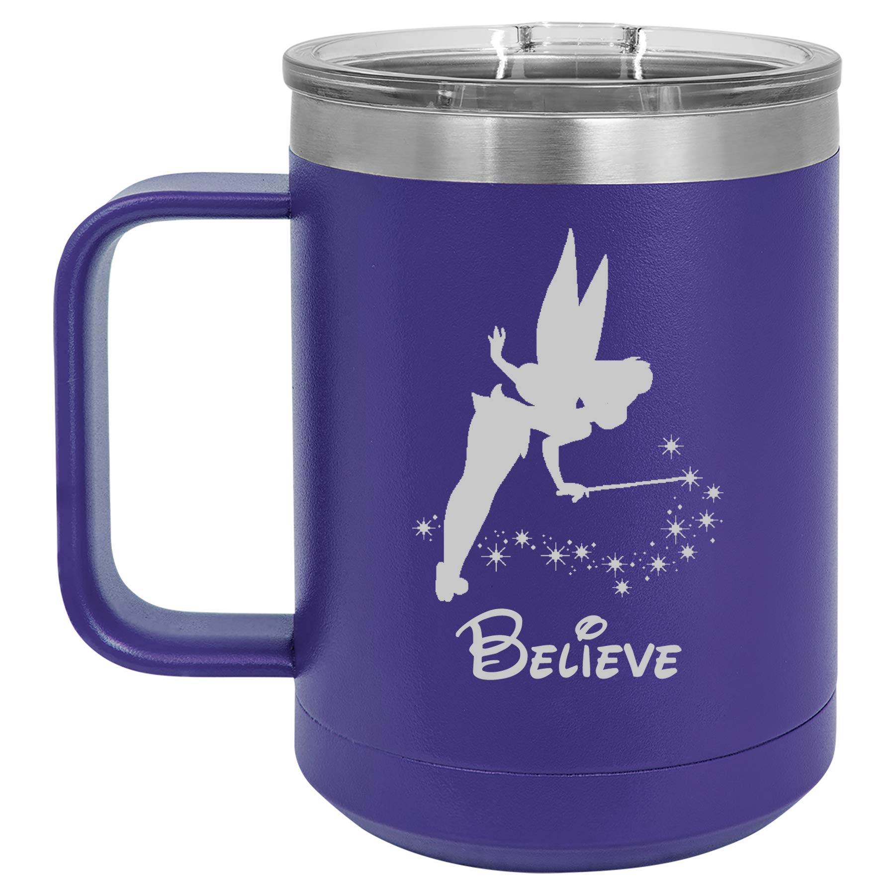 15 oz Vacuum Insulated Stainless Steel Tumbler with Handle & Lid - Leakproof Travel Coffee Mug for Hot & Cold Drinks - Fairy Believe Purple - Perfect for Office, Commuting, Hiking & Outdoor Activities
