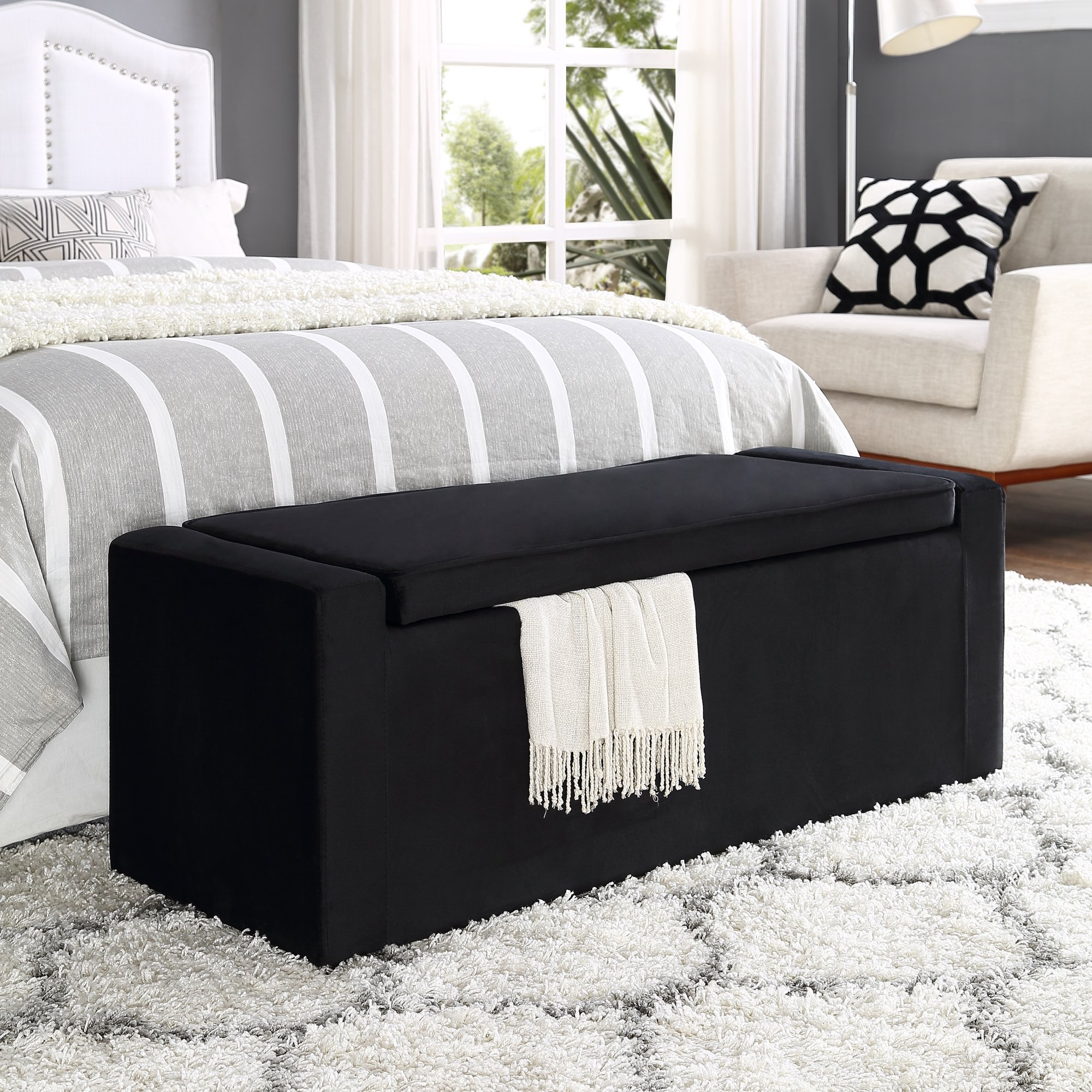 Fabroni Black Velvet Storage Bench with Removable Cushion - Upholstered Shoe Storage Ottoman for Entryway, Living Room & Bedroom - Multi-Functional Seat & Home Decor Organizer (Perfect for Small Spaces & Clutter-Free Home Organization)
