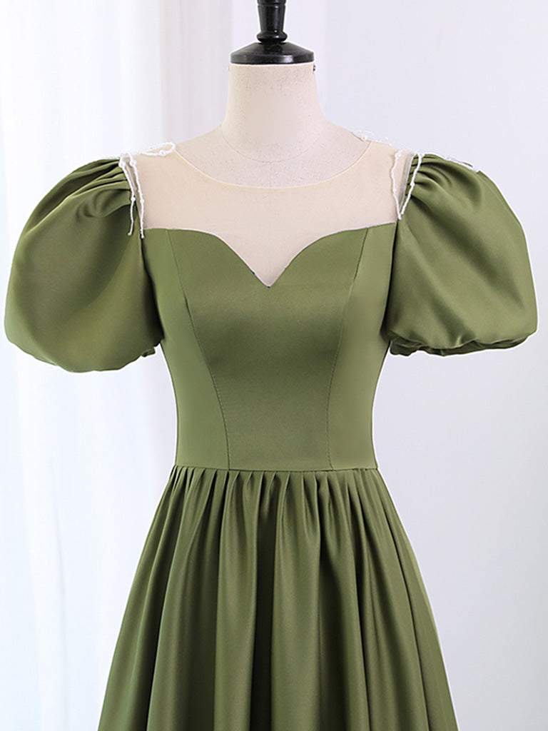 Elegant A-Line Scoop Neck Puff Sleeves Satin Long Prom Dress in Emerald Green - Perfect for Formal Dances, Evening Galas & Special Occasions