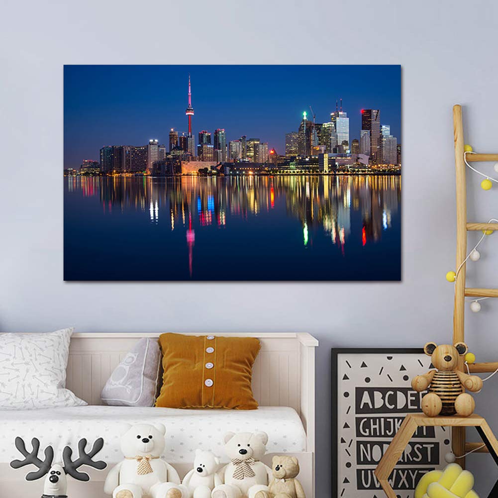Toronto Skyline Wall Art - Large Framed Cityscape Painting, Night View of Toronto - Ready to Hang Canvas Wall Decor for Living Room & Bedroom - Perfect for Home, Office, and Gift Giving