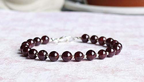 Natural Garnet and Sterling Silver Seed Bead Bracelet - January Birthstone Jewelry, Red Gemstone Beaded Stacking Bracelet for Women, Dainty Layering Bracelet for Everyday Wear, Gift for Her, Birthday, Anniversary