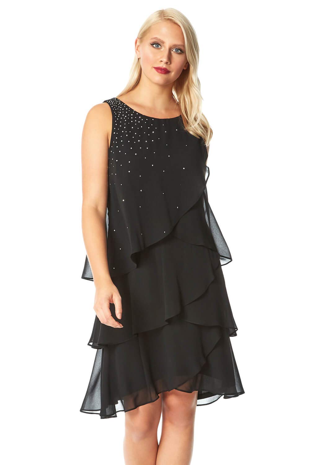 Roman Originals Women's Sparkling Diamante Embellished Layered Party Dress - Perfect for Evening Events, Weddings & Special Occasions