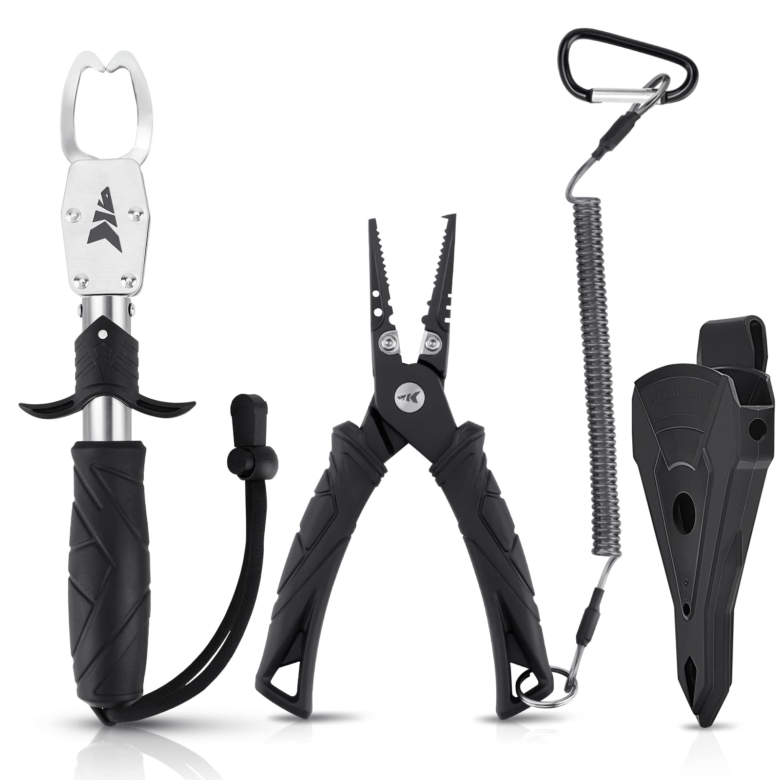 KastKing Saltwater Resistant Fishing Pliers & Fish Lip Gripper Combo - Durable Fishing Tools with Rubber Handle, Lanyard, Line Cutter, Hook Remover & Sheath - Perfect for Saltwater Fishing, Ice Fishing & Outdoor Adventures - Great Gift for Anglers & Fishing Enthusiasts