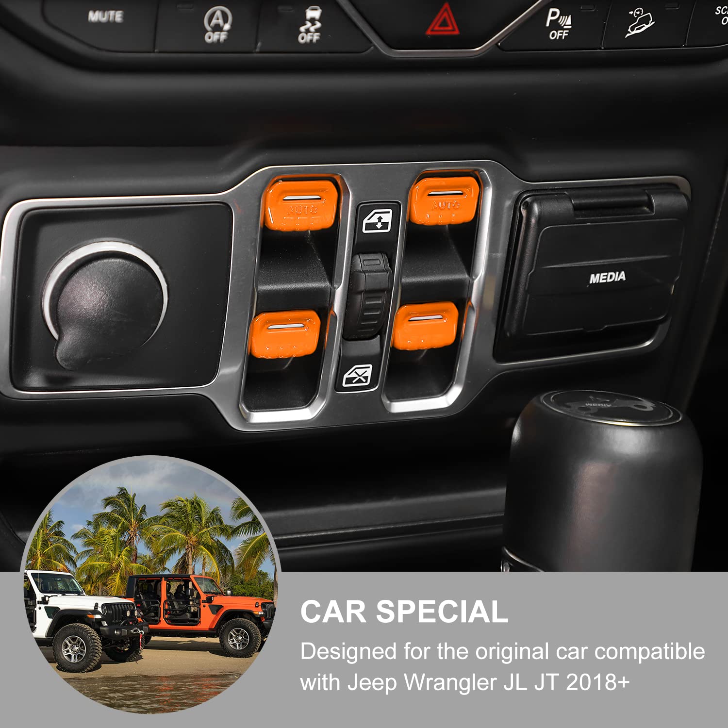 Jeep Wrangler JL JLU (2018-2023) & Gladiator JT (2020-2023) Center Console Window Button Switch Cover - 4PC Interior Trim Accessories in Orange - Upgrade Your Jeep's Interior Style for Off-Road Adventures & Daily Driving