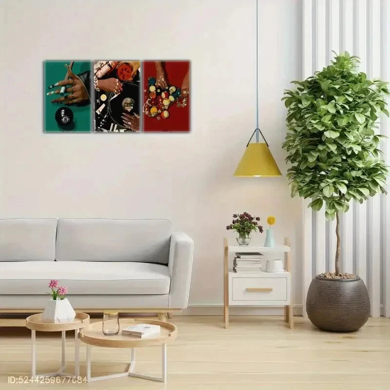 3-Piece 8 Ball Snooker Art Set - Black Girl Fashion Metal Wall Prints - Ready to Hang Decor for Game Room, Bar, or Man Cave