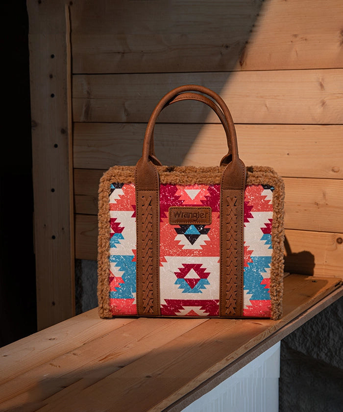Wrangler Aztec Sherpa Trim Crossbody Purse Set for Women - Stylish Boho Shoulder Bag with Fringe Detail - Perfect for Casual Outings, Music Festivals & Travel Accessories