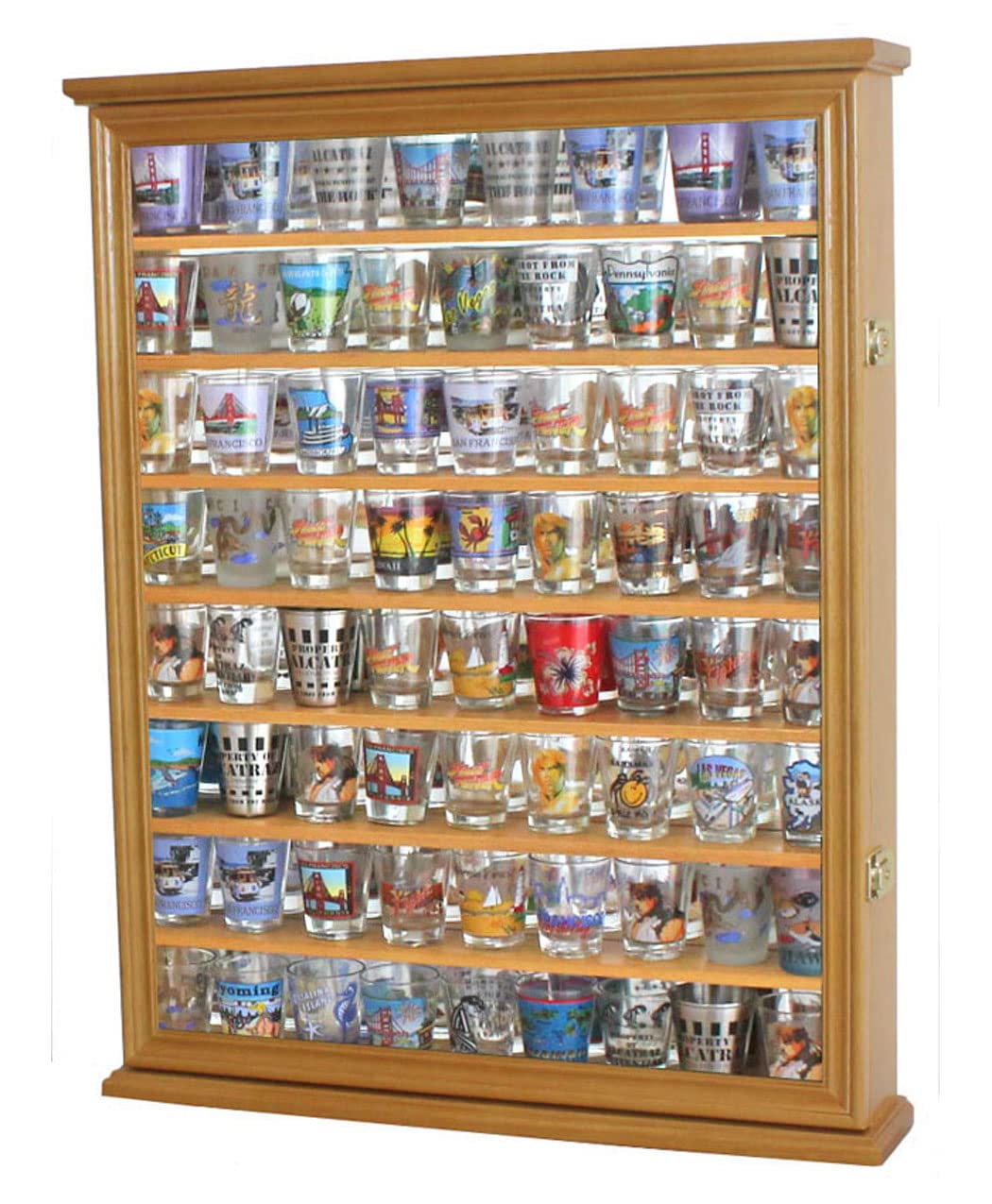 Premium Solid Wood Shot Glass Display Case with UV-Protected Acrylic Door & Mirror Back - Lockable Wall Cabinet for Shot Glass Collection (Oak Finish) - Perfect for Home Bars, Man Caves & Collector Displays