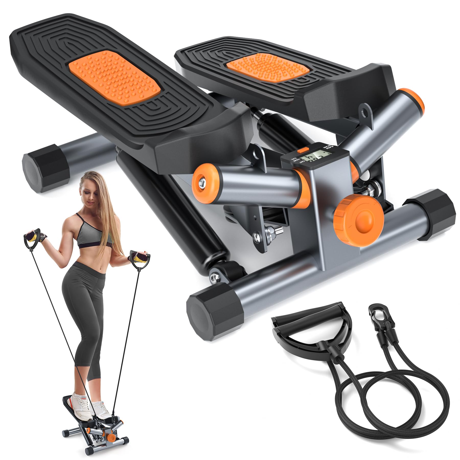 Mini Stepper with Resistance Bands - 350LBS Capacity Hydraulic Twist Fitness Stepper with LCD Monitor for Home Workout, Cardio & Leg Exercise - Perfect for Small Spaces, Office & Apartment Fitness