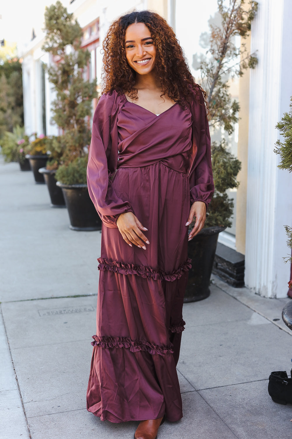 Holiday Vibes Wine Satin Front Overlap Smocked Back Maxi Dress for Women - Elegant Party Gown for Christmas, New Year & Special Occasions