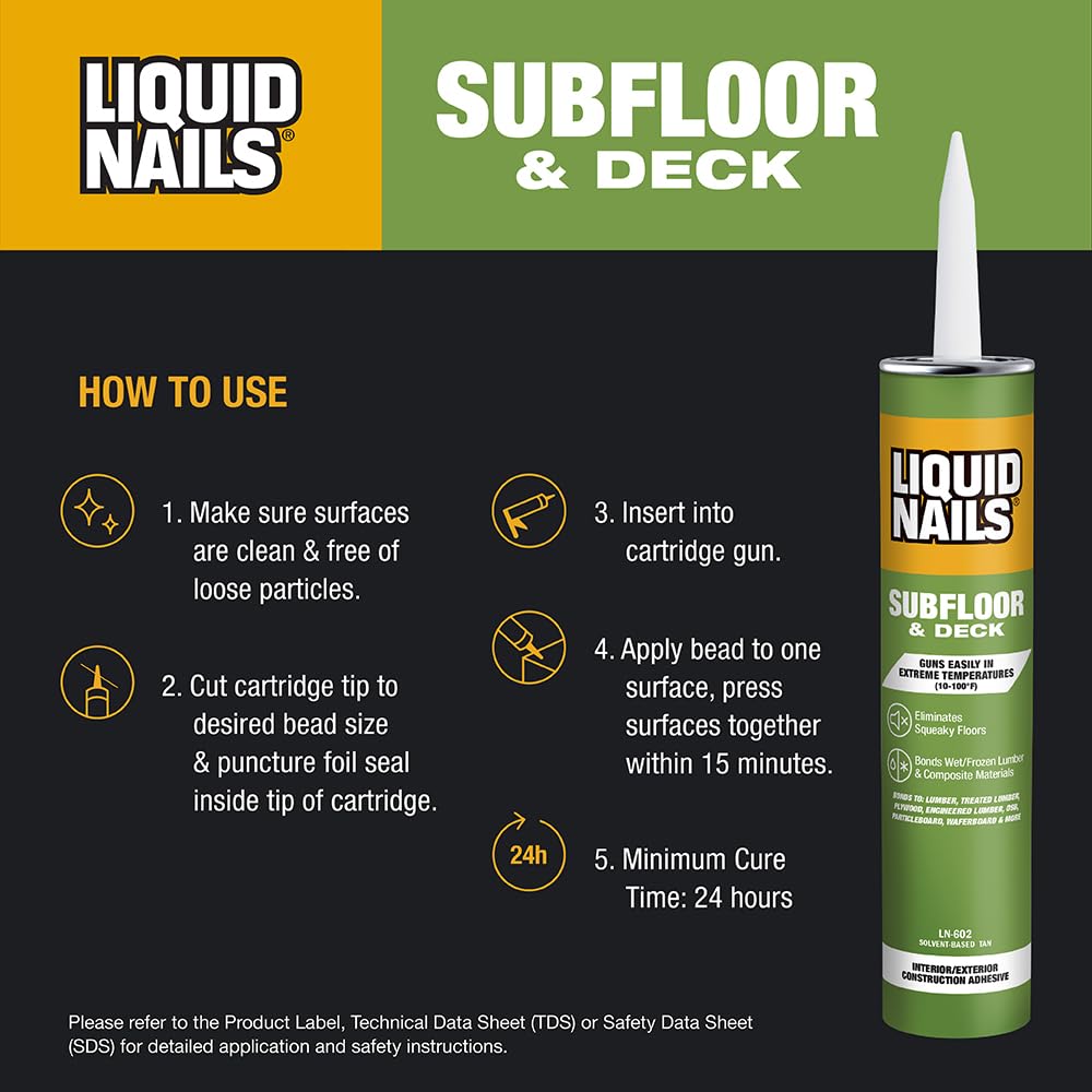 Liquid Nails 10 oz. Heavy Duty Subfloor & Deck Construction Adhesive - Strong Bonding for Wood, Concrete & Plywood | Perfect for Home Renovation & DIY Projects